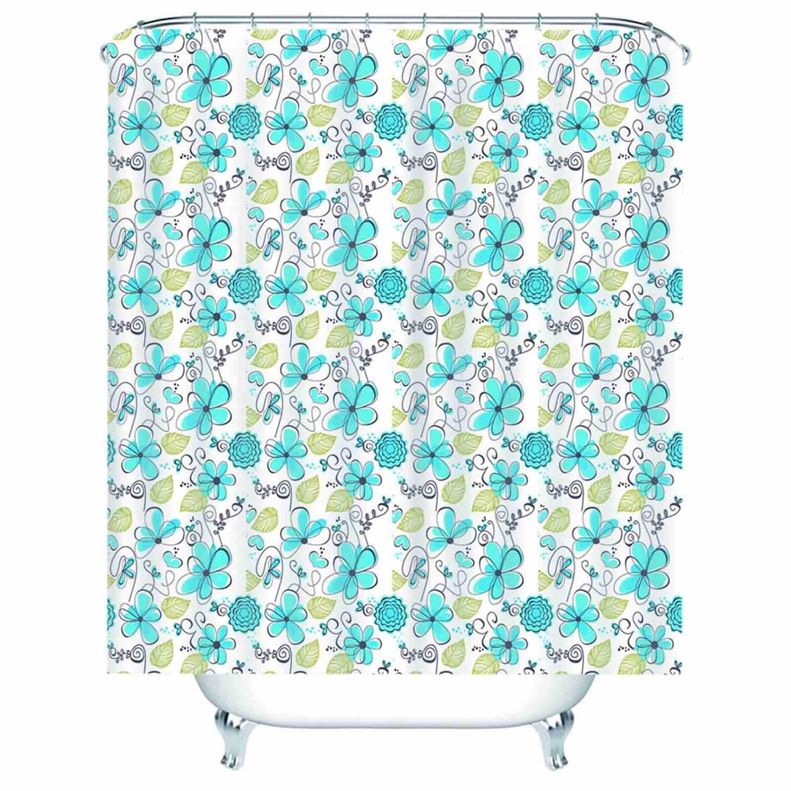 Rideau douche lesté extra long opaque bleu 200x180cm pour salle de bain fleur