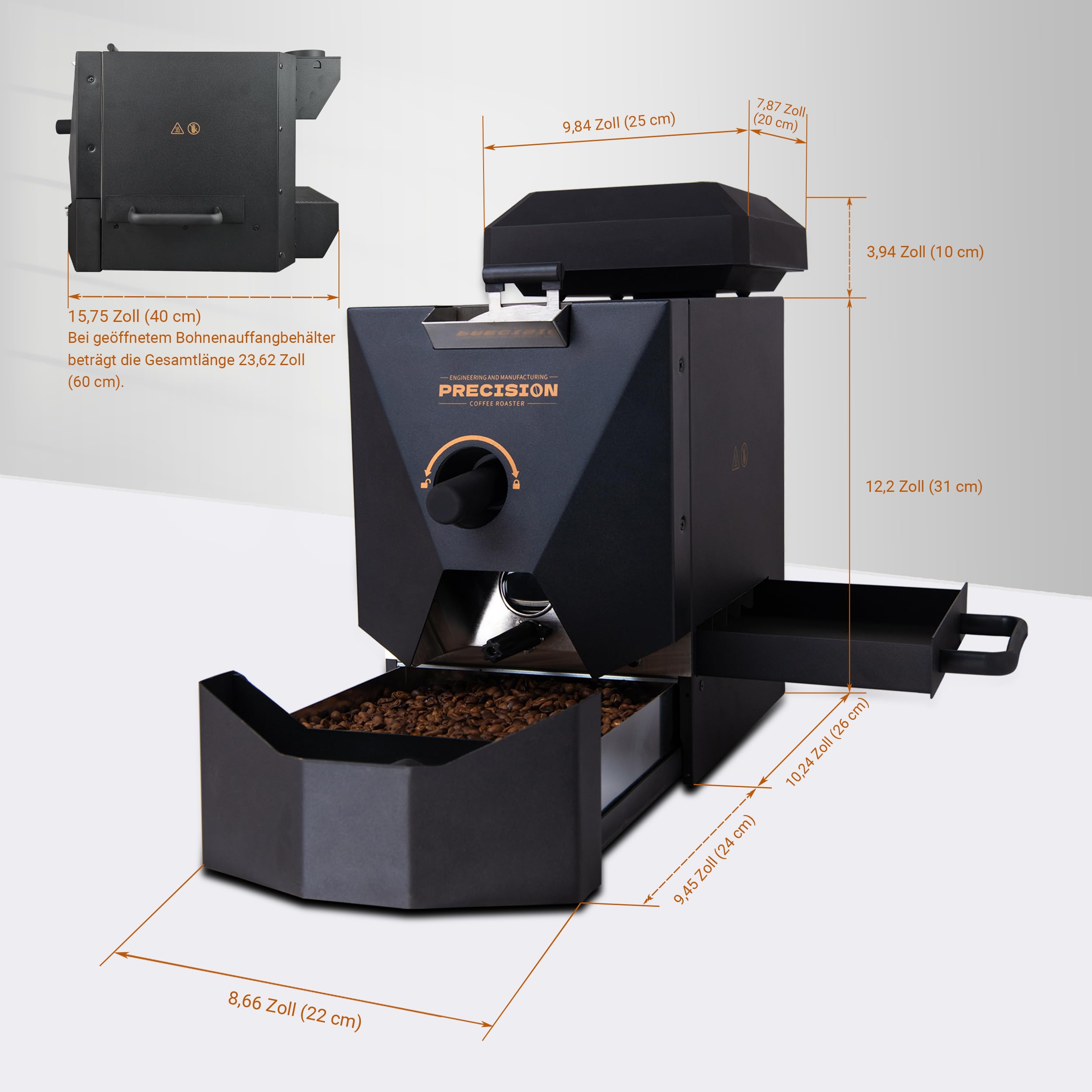500g Elektrische Kaffeeröstmaschine – Ideal für den Heimgebrauch. Ausgestattet mit intelligenter Automatik, 9 voreingestellten Röstprofilen, manuellem Modus, Spreuabsaugsystem und Kühlfunktion