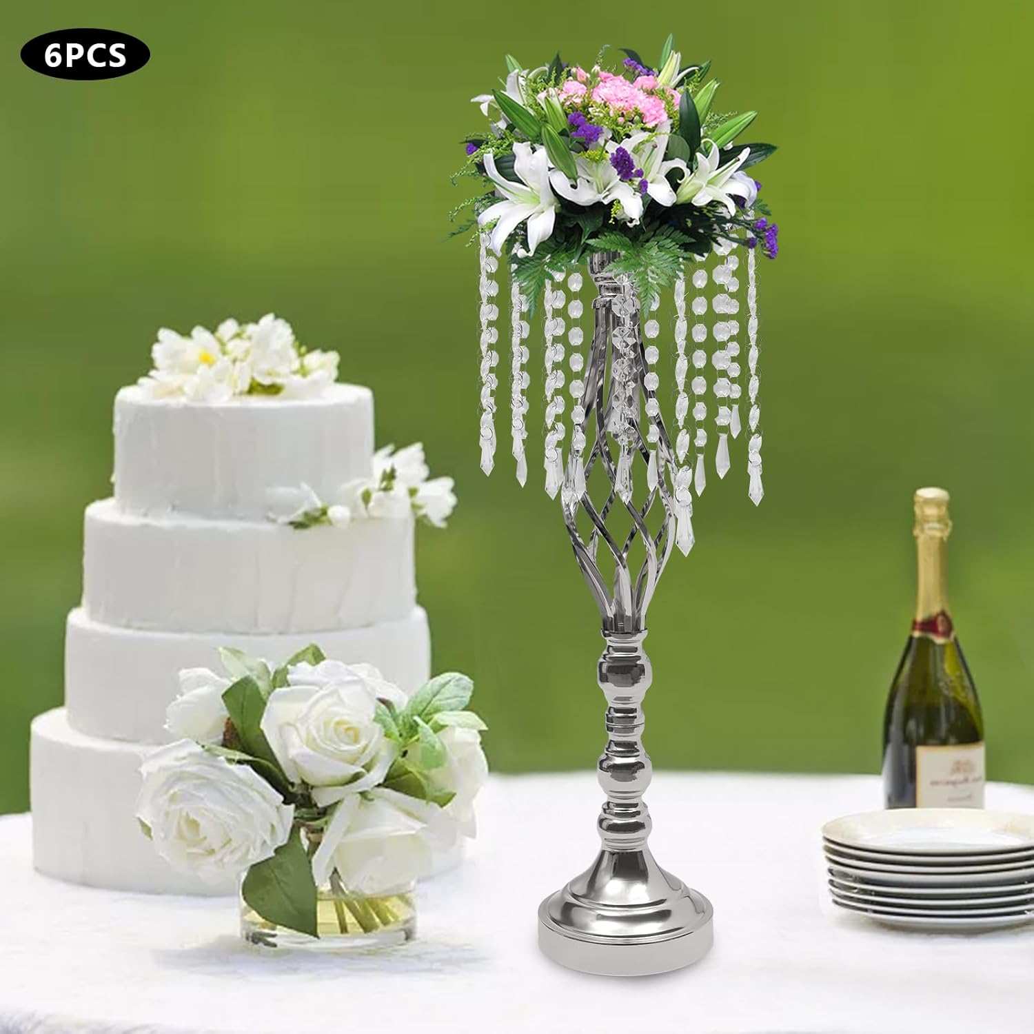 6 Pcs Crystal Flower Stand Wedding Centerpieces for Tables, 21.7in/55cm Height Flower Arrangement Holders Metal Flower Vase for Wedding Party Event Reception Dining Room Living Room Decor (Silver)