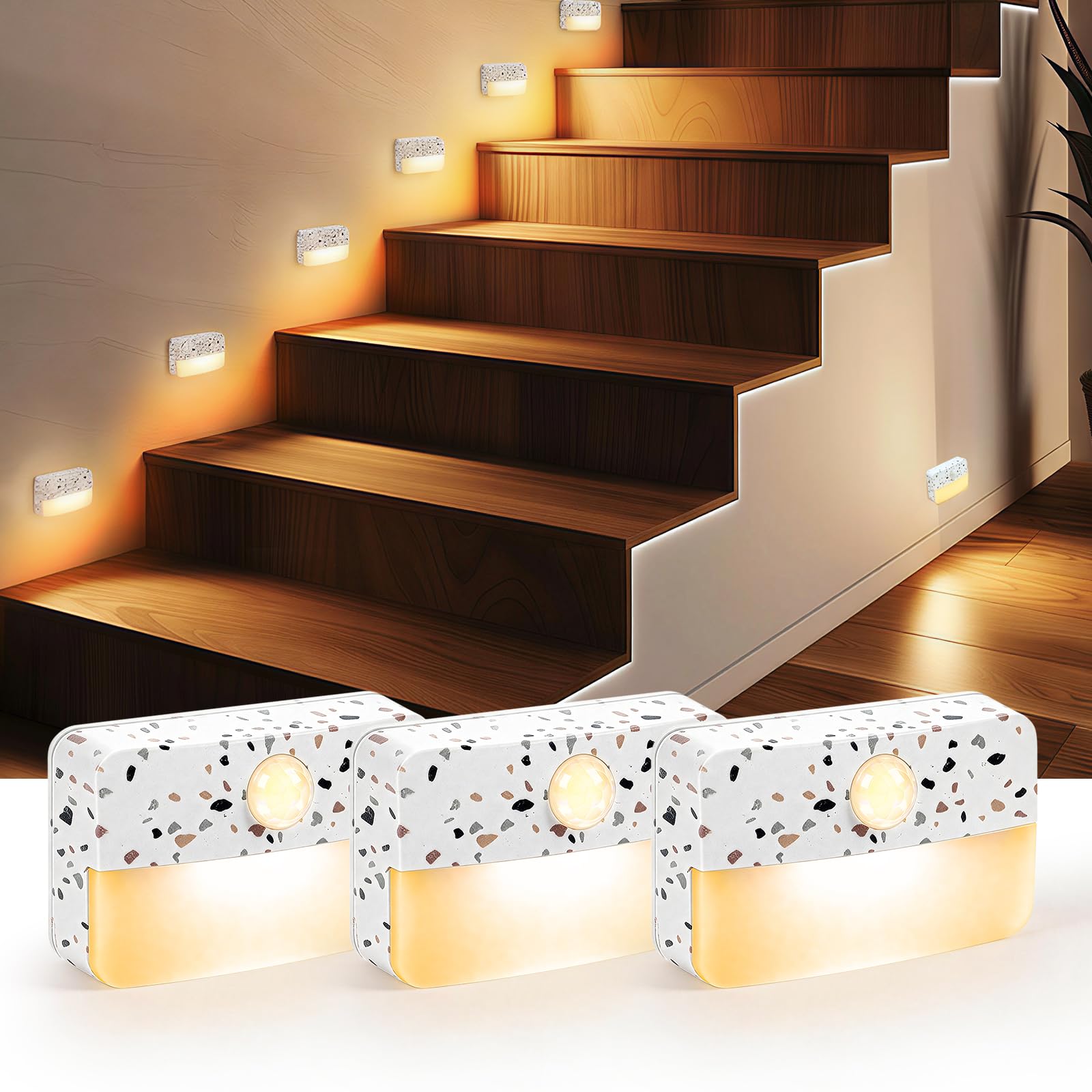 Guankai 3 Pack Motion Sensor Stair Light for Indoor, Battery Operated Closet Lights, Wireless Stick on Anywhere Hallway Lamp, Portable Led Night Lamps for Bedroom Under Cabinet Kitchen,Terrazzo White