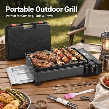 Gas Grill Butane Stove, Portable Camping Grill Gas Stove with Grilling Net - Adjustable Firepower for Camping Traveling Outdoor Cooking, Black