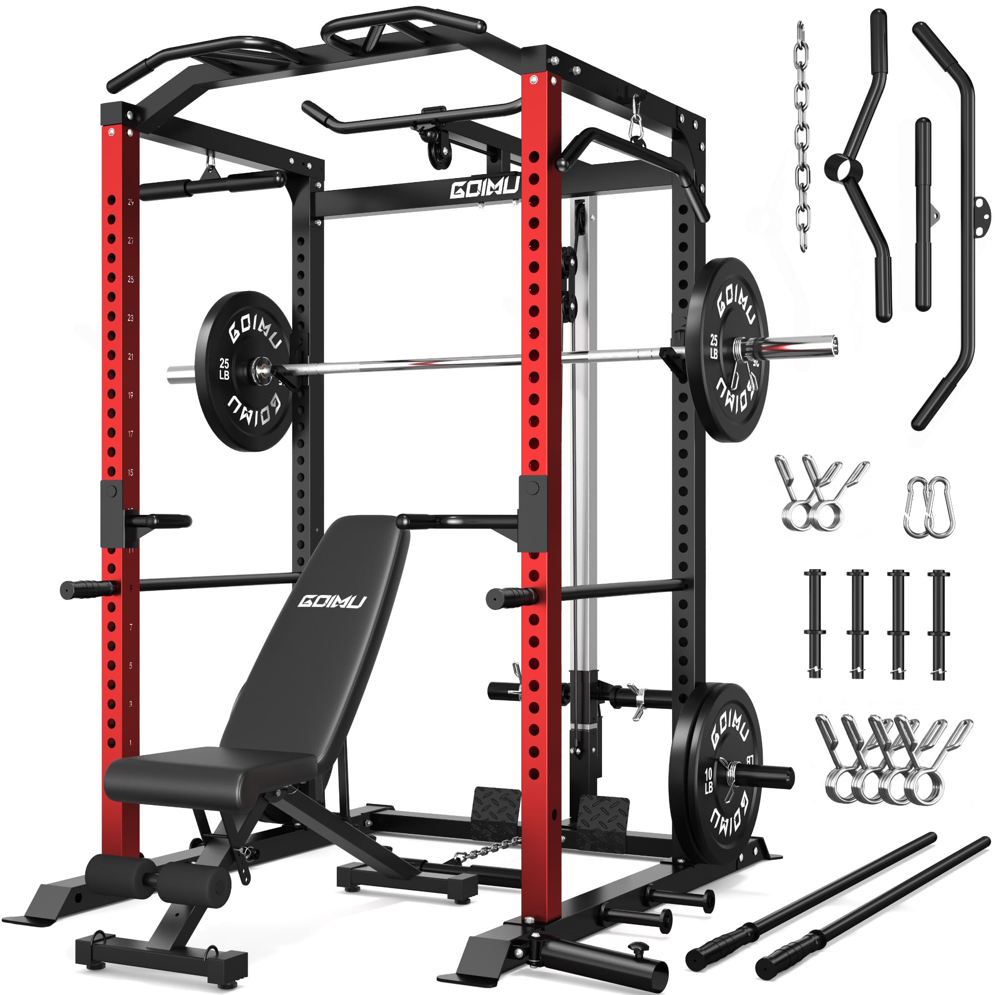 C1-V4 Power Cage, 2000LBS Squat Rack with LAT Pulldown, Multi-Function Weight Cage Strength Training Machine, Workout Cage with More Attachments for Home Gym Garage