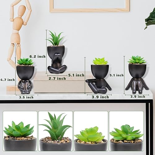 Miniatura 6 de SEMSOIIO 4PCS Fake Succulents Artificial in Black Modern Human Shaped Ceramic PotsMini Succulents Plants Fake Plants Bathroom DecorCute Desk Decor