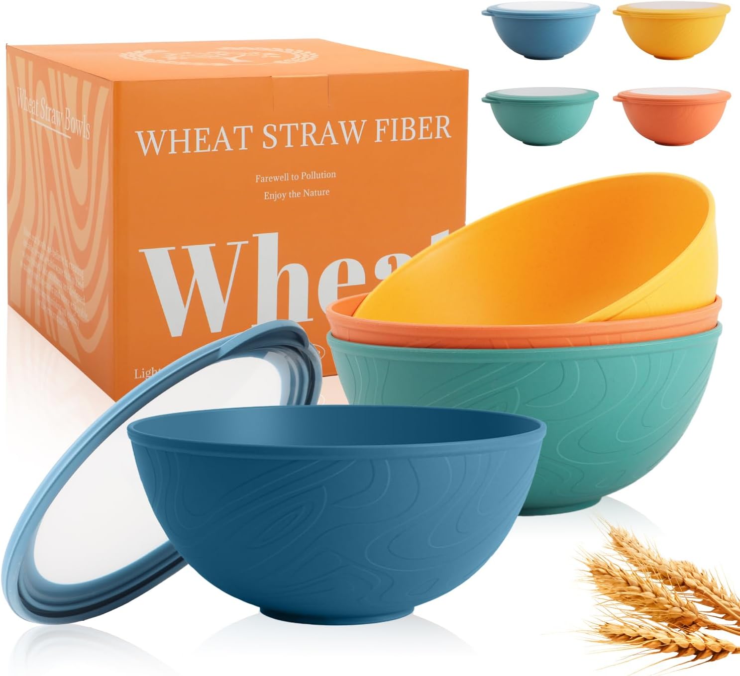 Perlapoc Wheat Straw Bowls Set with Lids, Unbreakable 40 OZ Cereal Bowls Set of 4, Salad Container for Lunch, Microwave & Dishwasher Safe Bowl Set for Kitchen, Picnic, RV, Camping, Multi