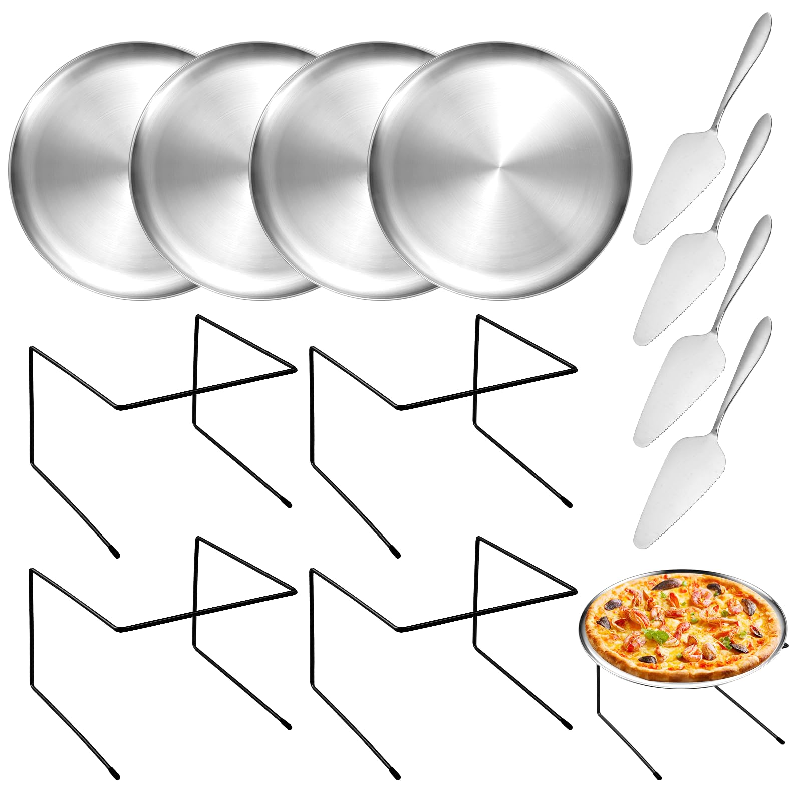 GRETJOB 12 Pcs Pizza Pan Riser Stand Set, 4 Metal Pizza Table Stands + 4 Nonstick Pizza Pans + 4 Pie Servers, Pizza Rack & Tray for Baking, Dessert, Cheese, Party, and Restaurant Use (Silver)