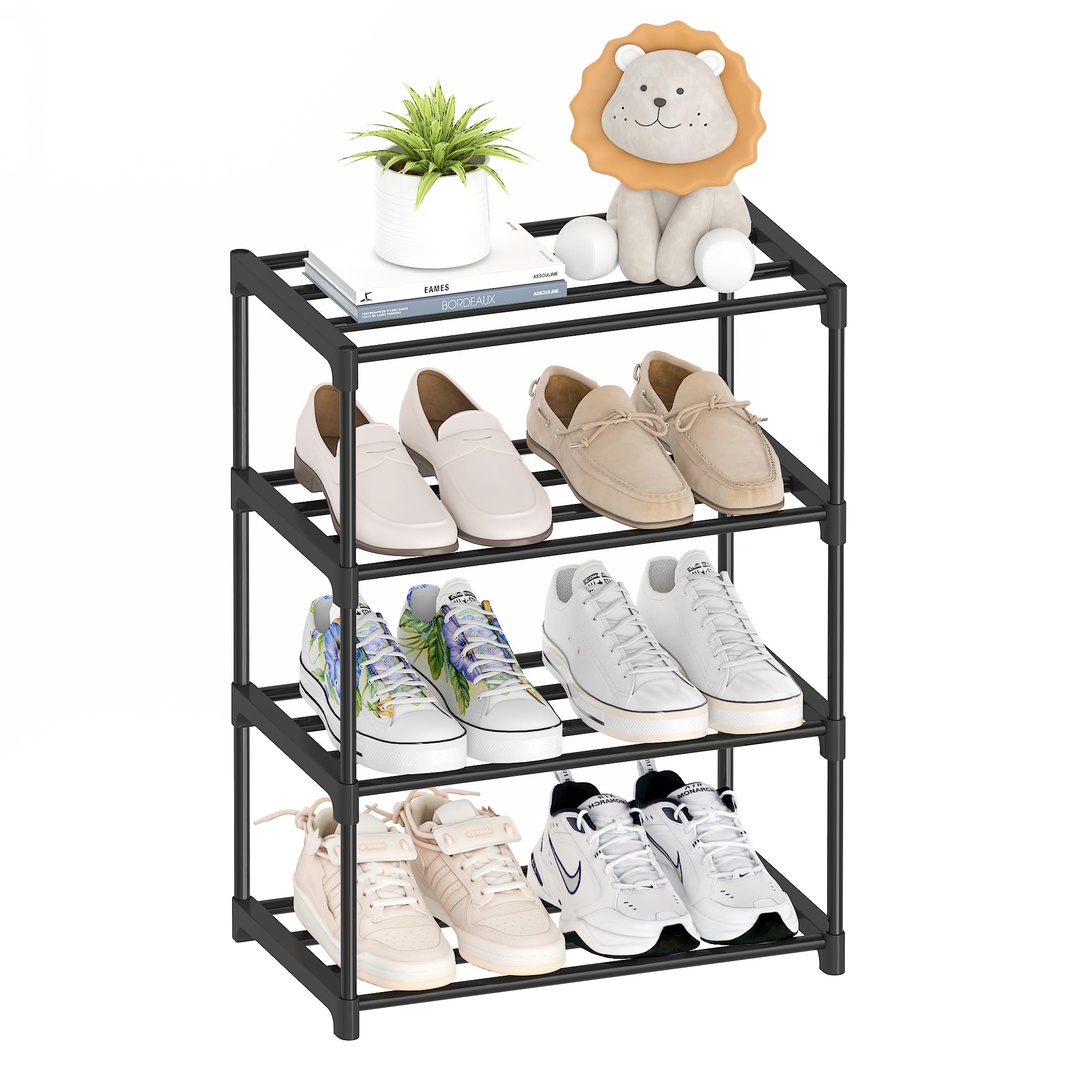 Autonomier 4 Tier Extra Small Shoe Rack (16.3" Wide), Narrow Stackable Shoe Shelf for Kids Toddler Adult, Lightweight Shoe Rack Stand for Closet Dorm Storage Organizer, Front Door Entrance, Entryway