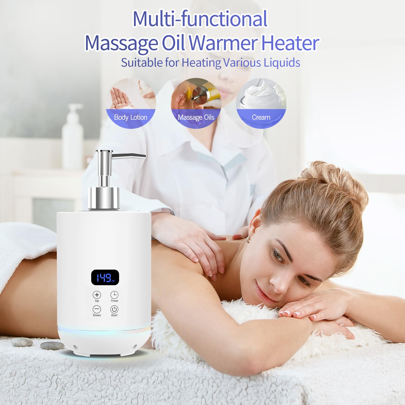 Calentador de aceite para masajes, iklestar calentador digital para botellas de aceite para masajes con luz ambiental, dispensador eléctrico portátil para lociones corporales calientes, blanco