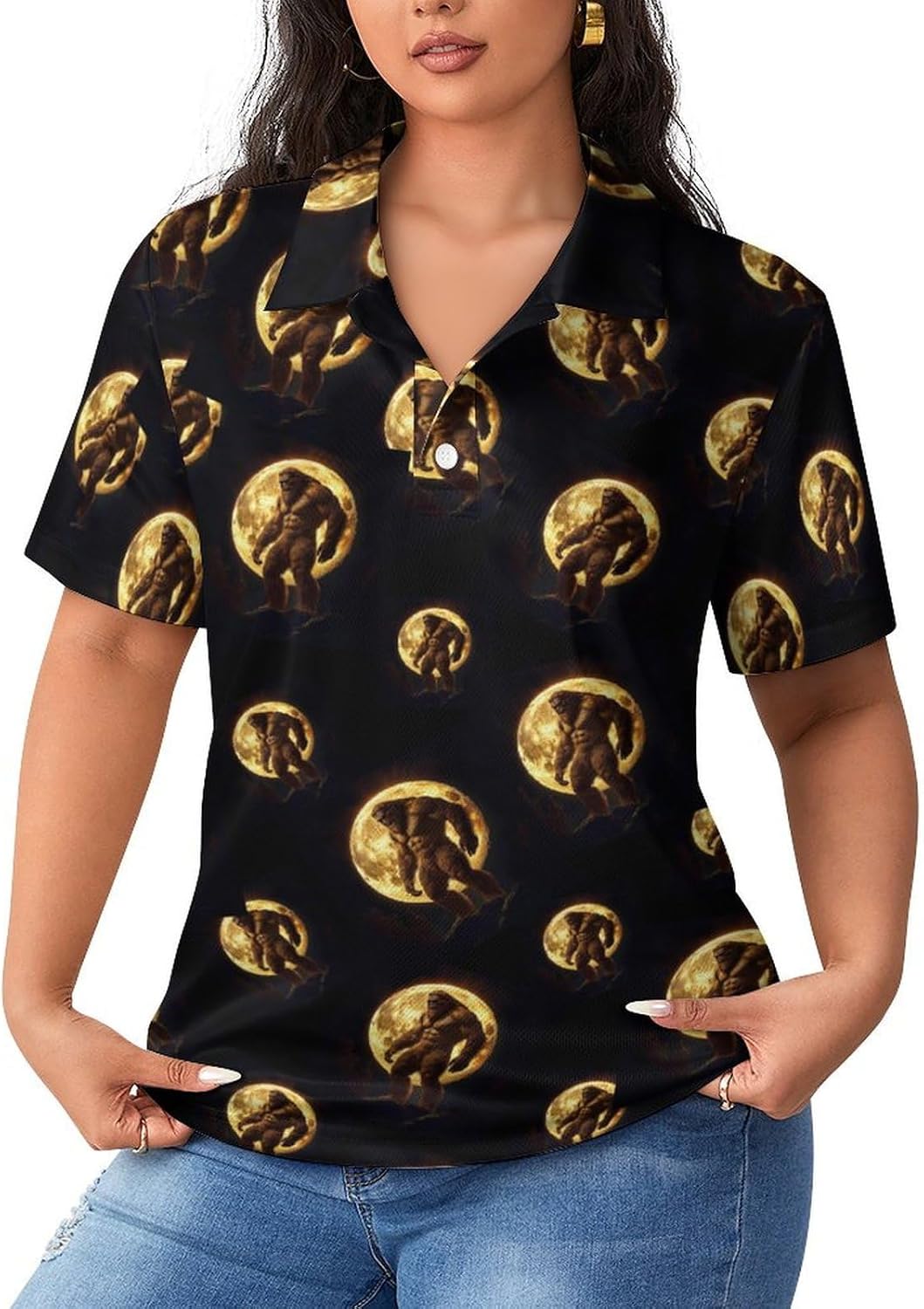 Bigfoot Gold Full Moon Women's Golf Polo Shirts Short Sleeve Quick Dry Tennis Tops Casual Work Blouses
