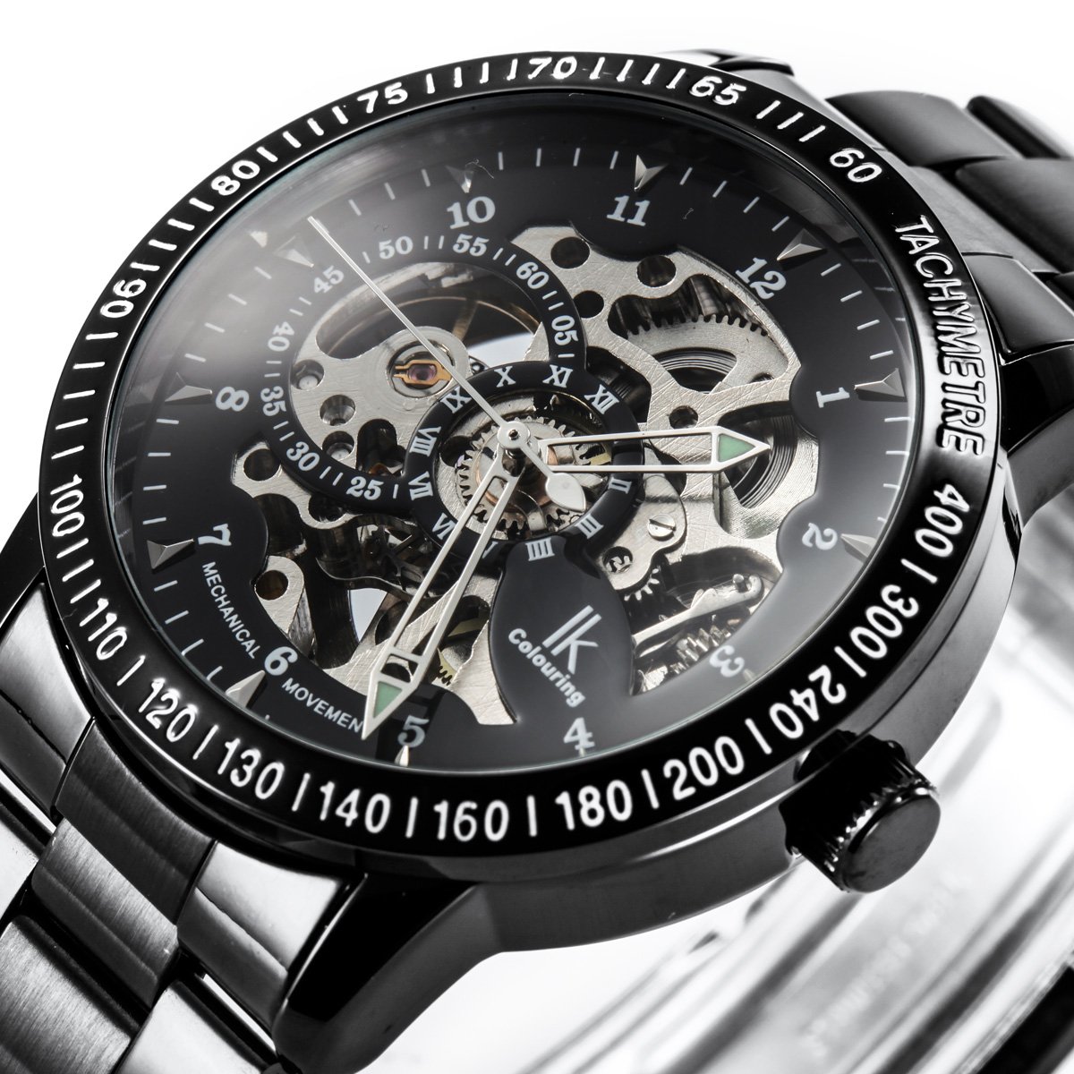 Alienwork IK Reloj Automático Hombre Mujer Negro Pulsera de Metal Acero Esqueleto