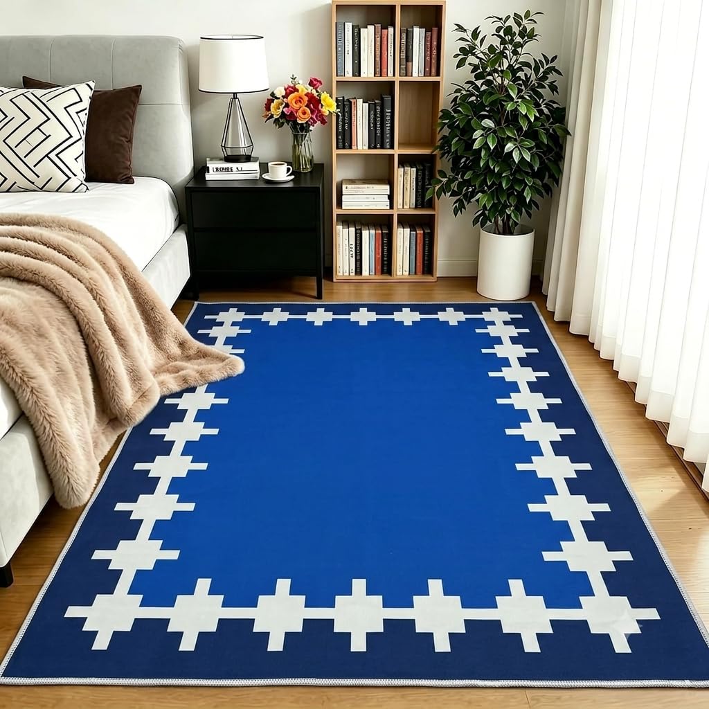 Modern Abstract Printed Floor Carpet | Soft Anti-Skid Washable Area Rug for Living Room, Bedroom, Hallway, Entryway & Office | Home Décor | 57 x 34 Inches (Plus Navy, 57 × 34 inches)-image-0