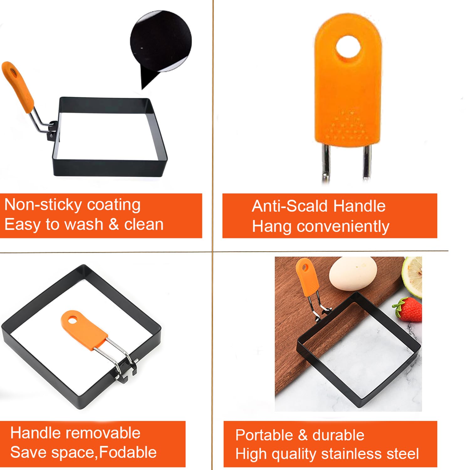 4 anillos cuadrados grandes para huevos cuadrados de 4 pulgadas para freír huevos a la plancha, molde cuadrado de acero inoxidable antiadherente de 4 pulgadas, molde cuadrado para tortitas con mango 2