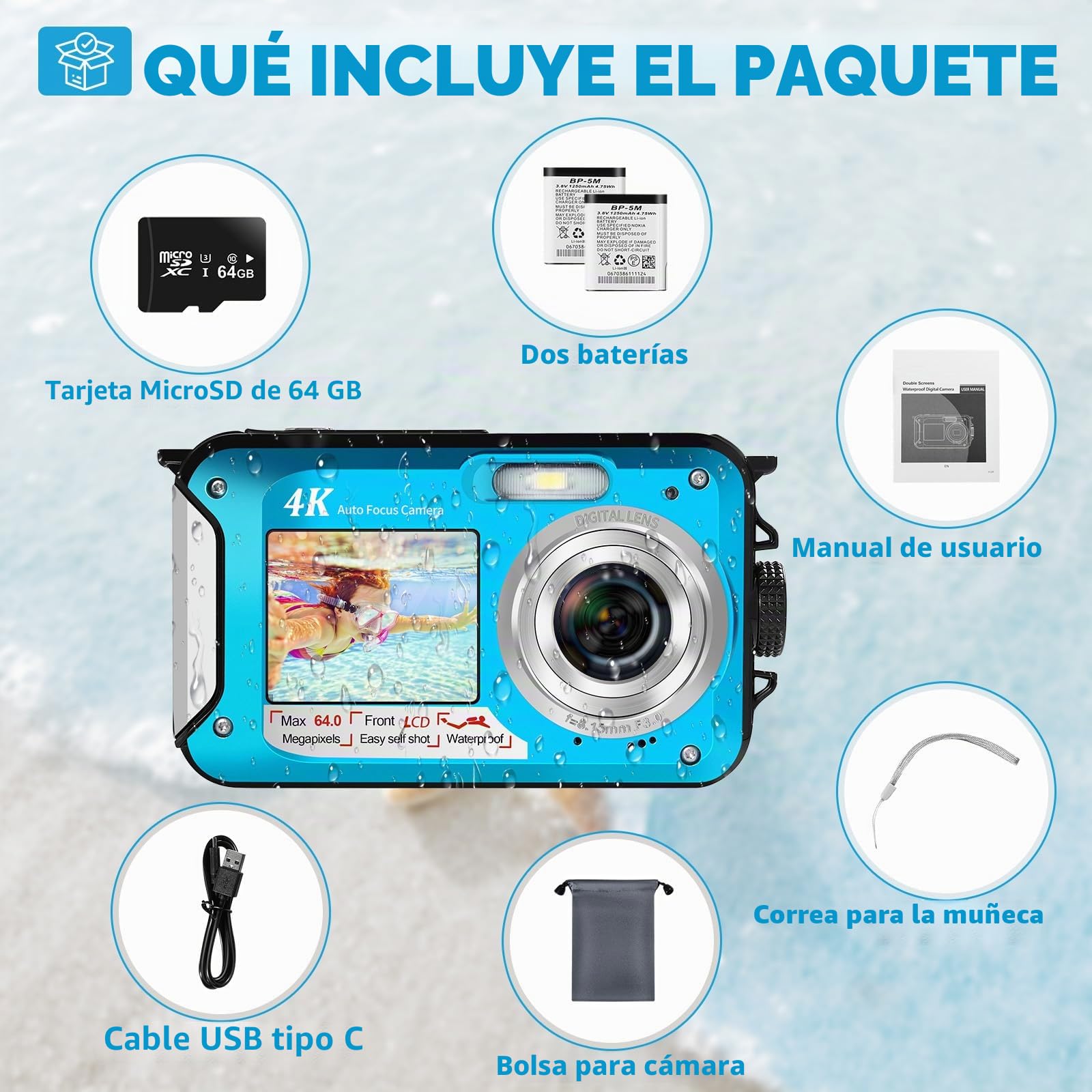 Cámara Acuática 64MP con Tarjeta de Memoria 64GB, Sumergible 4K con Autoenfoque y Doble Pantalla para Selfies, Sumergible hasta 5 Metros para Niños y Snorkel (2 Baterías)
