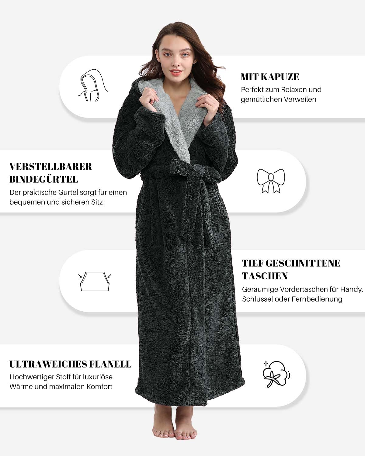 Damen Bademantel Lang und Flauschig: Plüsch Fleece Bademantel ohne Kapuze aus Plüsch Flanell mit Gürtel - Dick & Bequem Hausmantel Perfekt für Zuhause oder als Weihnachtsgeschenk