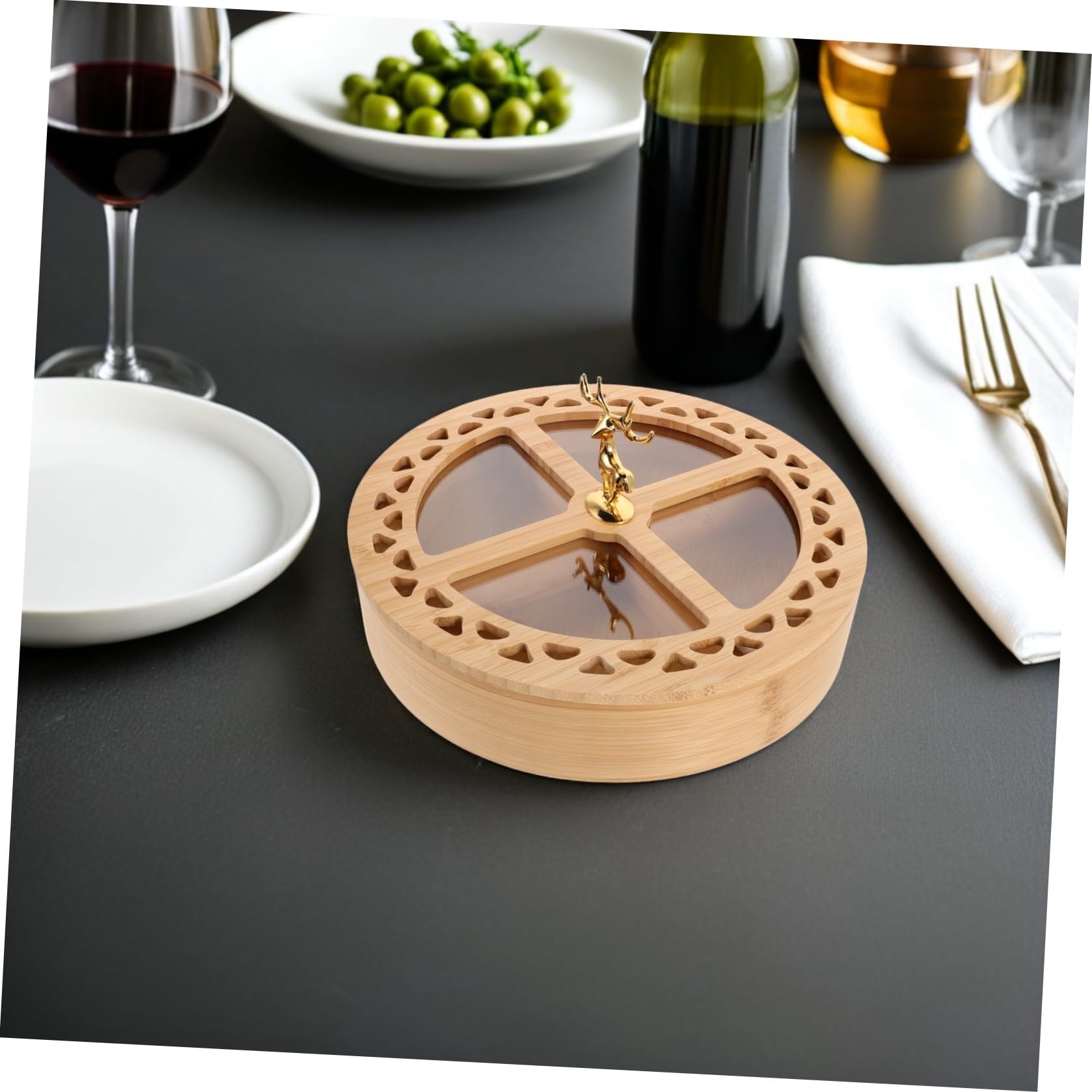 Vassoio Porta Snack in bambù con 4 Scomparti e Coperchio, Elegante Contenitore per Noci e Dolcetti, per Riunioni di Famiglia e Organizzazione Facile