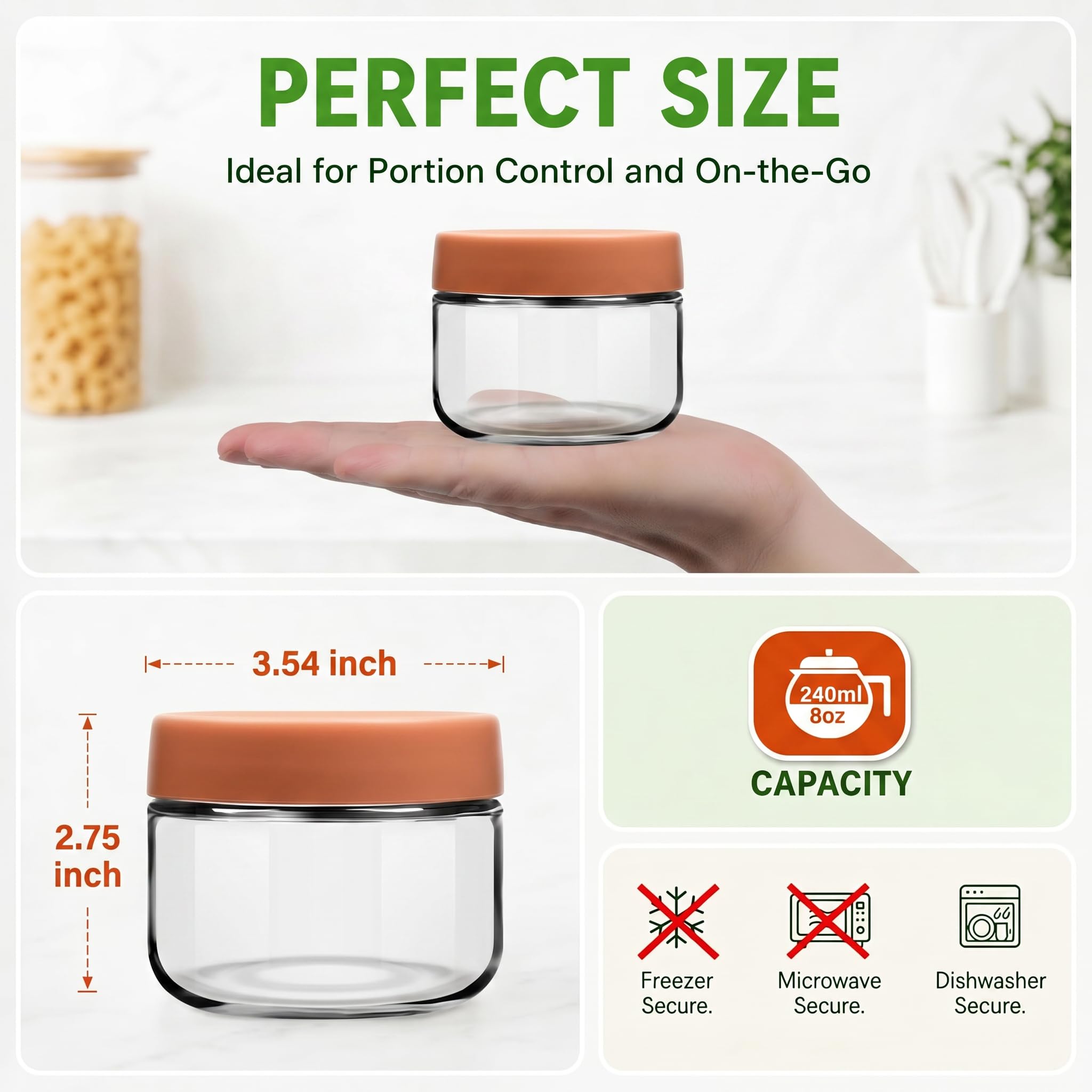 EONJOE Tarros de vidrio de 8 onzas con tapas, 1 taza, recipientes pequeños para pudín de chía, mermelada, aperitivos, yogur, avena durante la noche, caramelos, paquete de 6