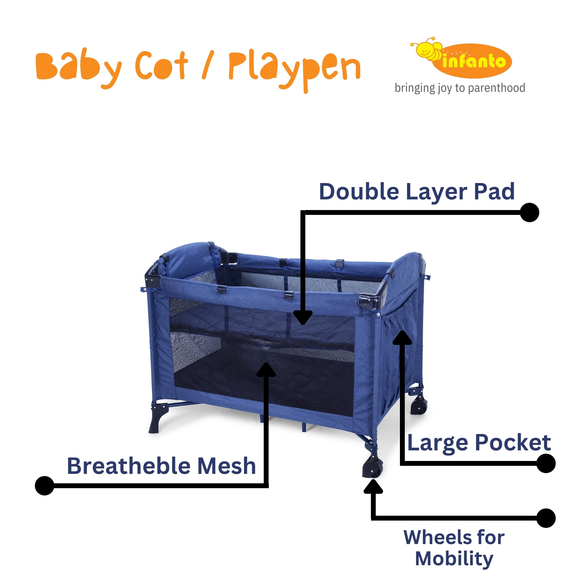 Infanto Playpen Cum Cot | Compact and Highly Portable| with Travel Bag | Easy Fold | 2-in-1 Functionality | Double-Layer Pad | Breathable Mesh-CC48 (Blue) - Image 8 thumbnail