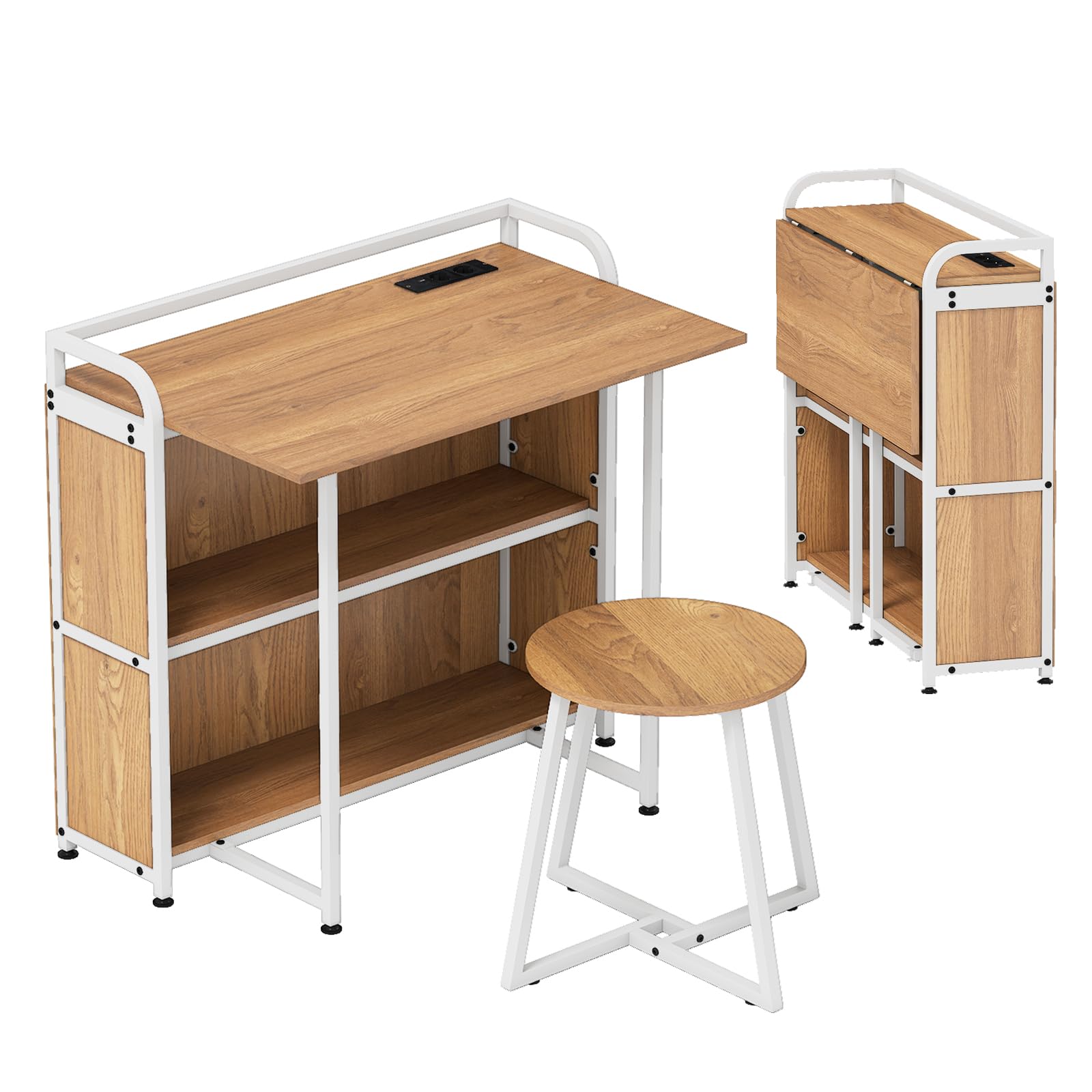 GIANTEX Escritorio de Ordenador con Tablero Plegable 90 x 55 cm, Taburete Redondo, Estación de Carga, 2 Estantes de Almacenamiento, Mesa para Estudio, Dormitorio, Comedor (Natural)
