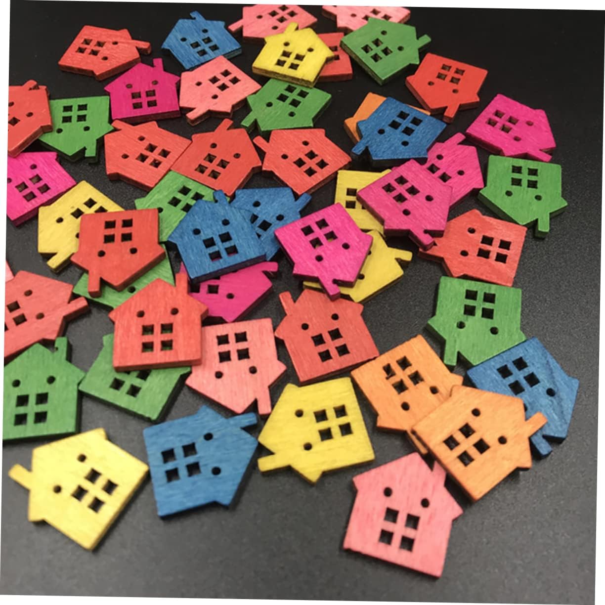 50Pcs Colorful House Wooden Buttons DIY Two Holes Sewing Buttons for Crafts Scrapbooking Garment Accessories and Embellishments Unique Decorative Wood Chips for Hand-Painted Projects