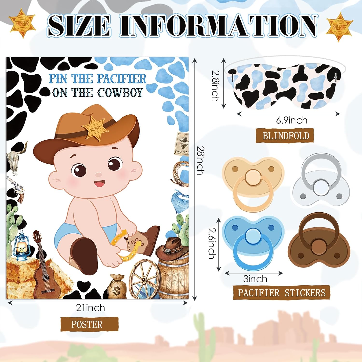 Faccito Pin The Pacifier on The Cowboy Party Games, White, West Cowboy