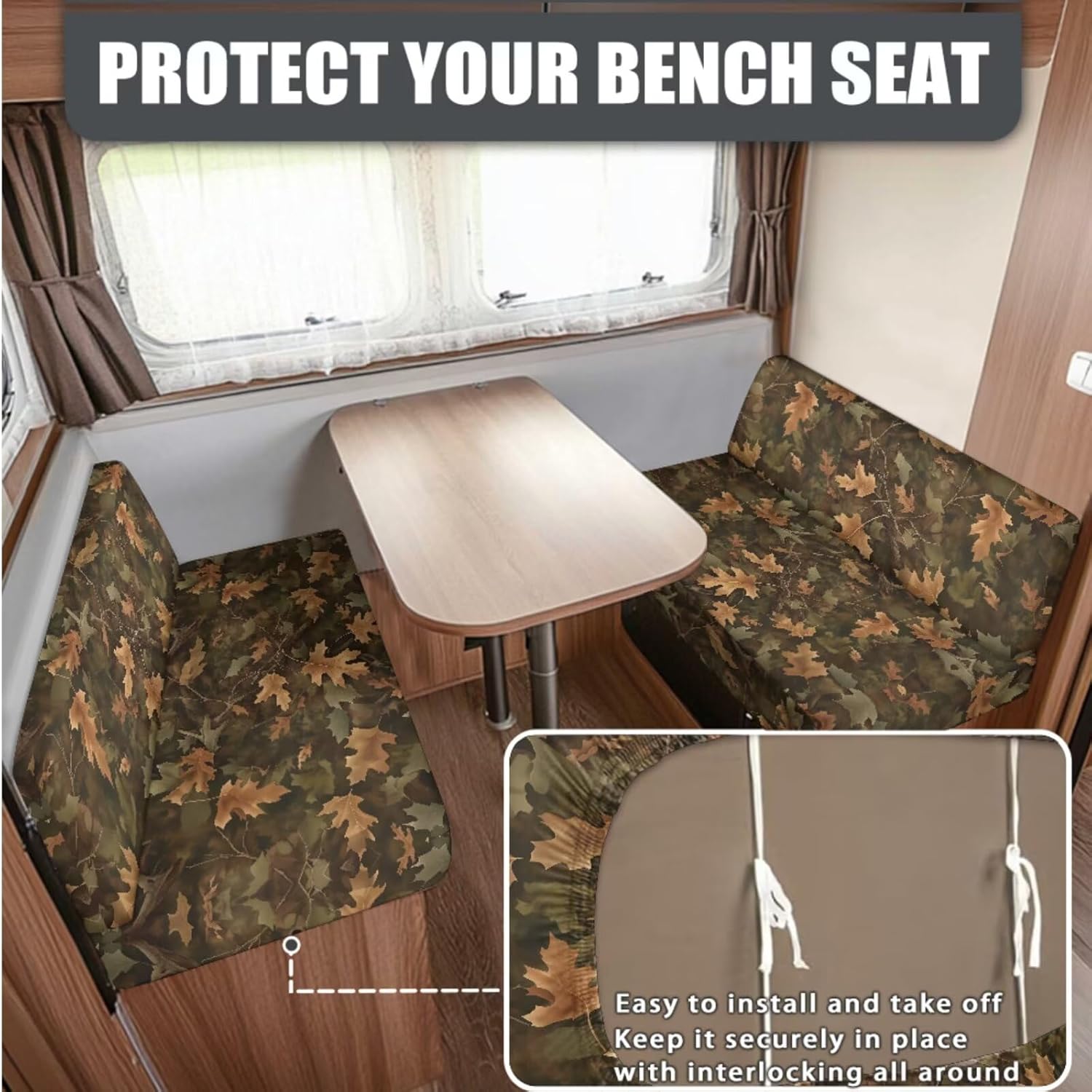 Fallen Leaves Print 3 Pcs RV Dinette Cushion Covers Elastic Camper Seat Covers with Pillowcase, Stretch Loveseat Sofa Chair Cover Furniture Protector for RV Camper Bench