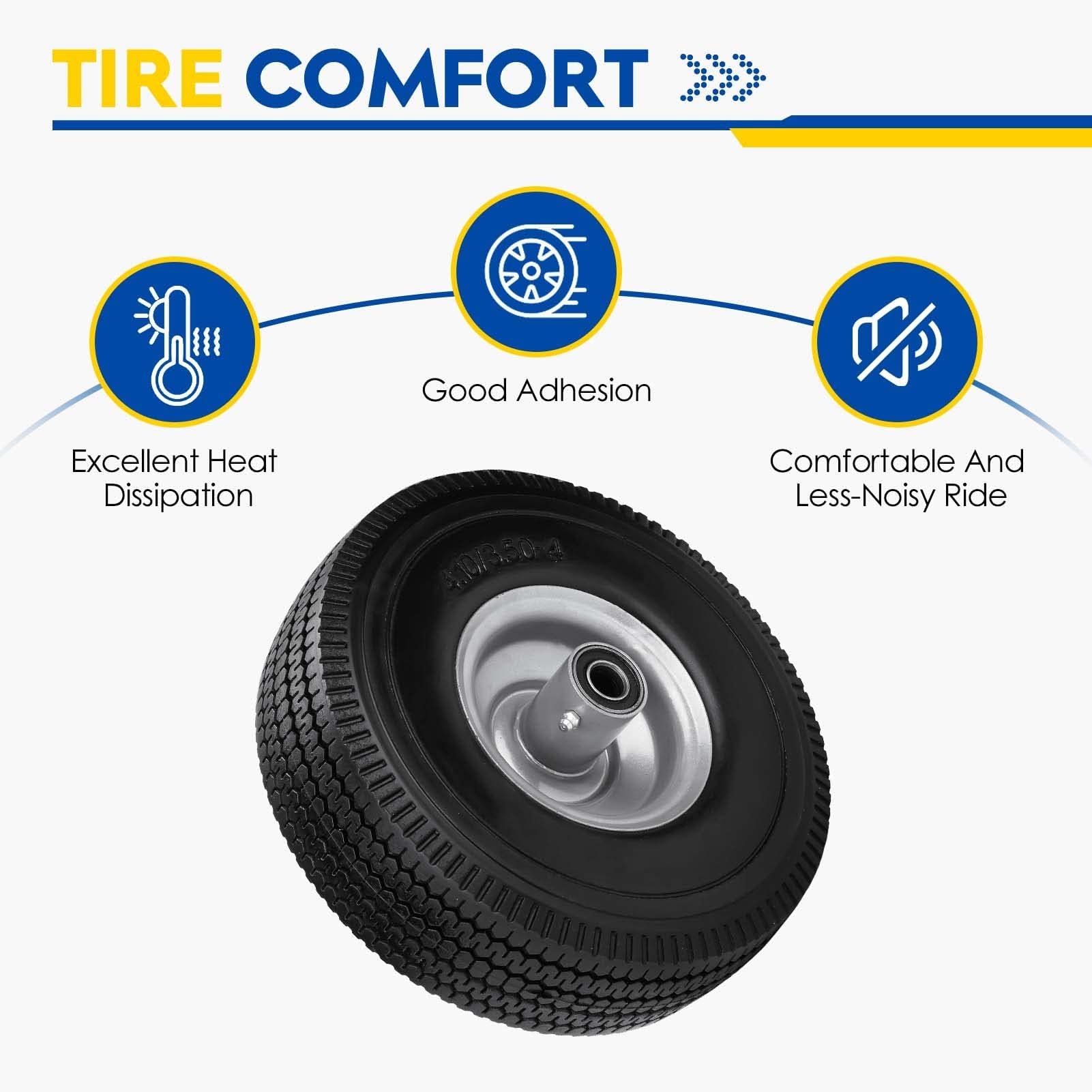 New Flat Free 10" Mower Tire on Wheel 4.10/3.50-4, 2.25" Offset Hub, 5/8" Greased Bushing for Lawn Mowers & Tractors Hand Trucks Generators Garden Utility Cart (2 Pack)