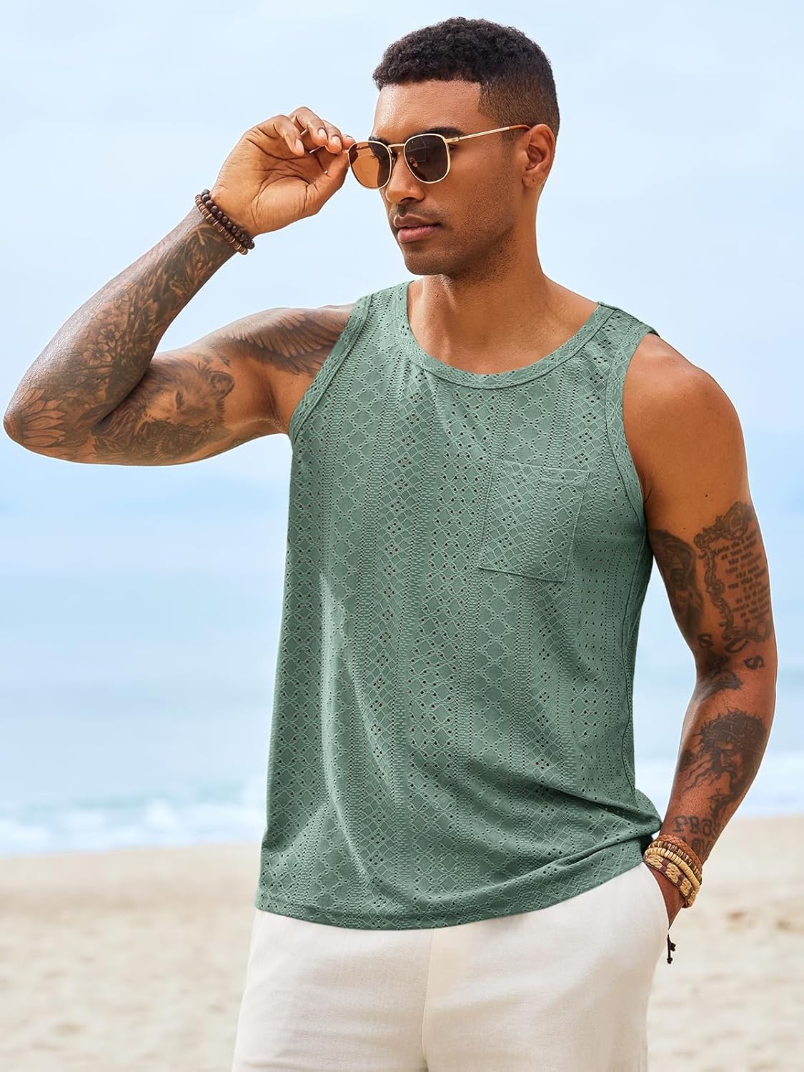 Runcati Mens Tank Tops Casual Sleeveless Hollow Out T-Shirts Muscle Summer Beach Hippie Shirts with Pocket - Image 2