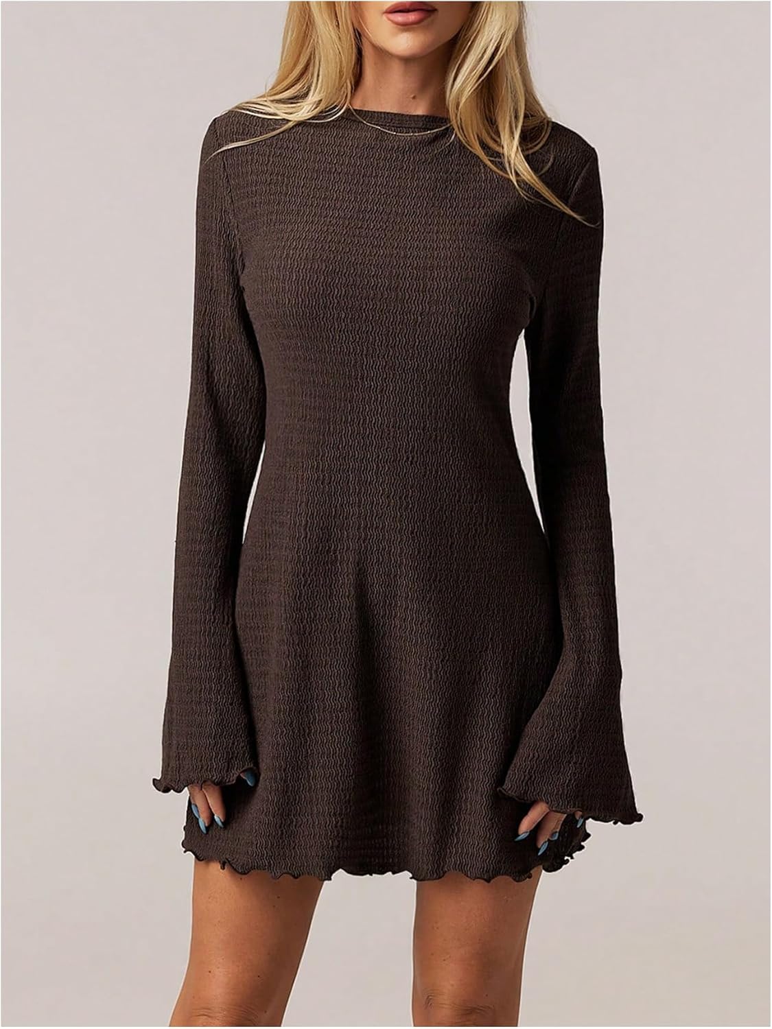 Women's Lettuce Trim Mini Dress Y2k Bell Long Sleeve Crew Neck Going Out Party Dresses - Image 4