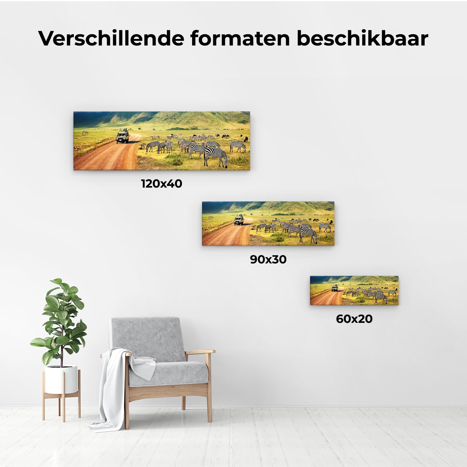 Artaza Leinwand Bilder Zebras Safari - 120x40 cm - Groß XXL - Wanddeko Tierbilder - Wandbilder Landschaftsbilder Berge - Deko Wohnzimmer