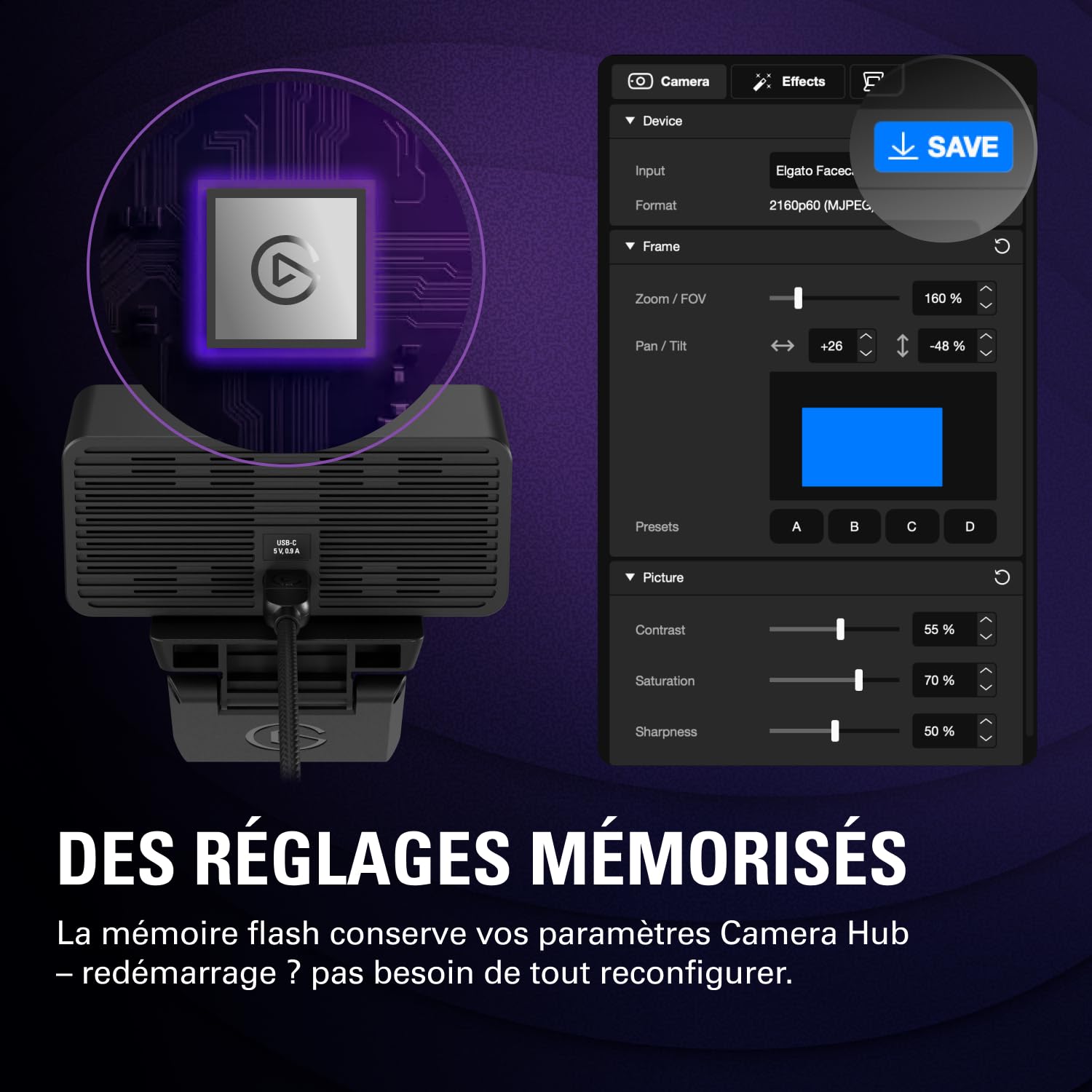 Elgato Facecam 4K – Webcam Studio 4K60, Contrôle de Type DSLR, Effets cinématographiques, Filtres d’Objectif 49 mm, HDR, Vidéo Non compressée, Zone de Mise au Point optimisée | USB-C pour PC et Mac