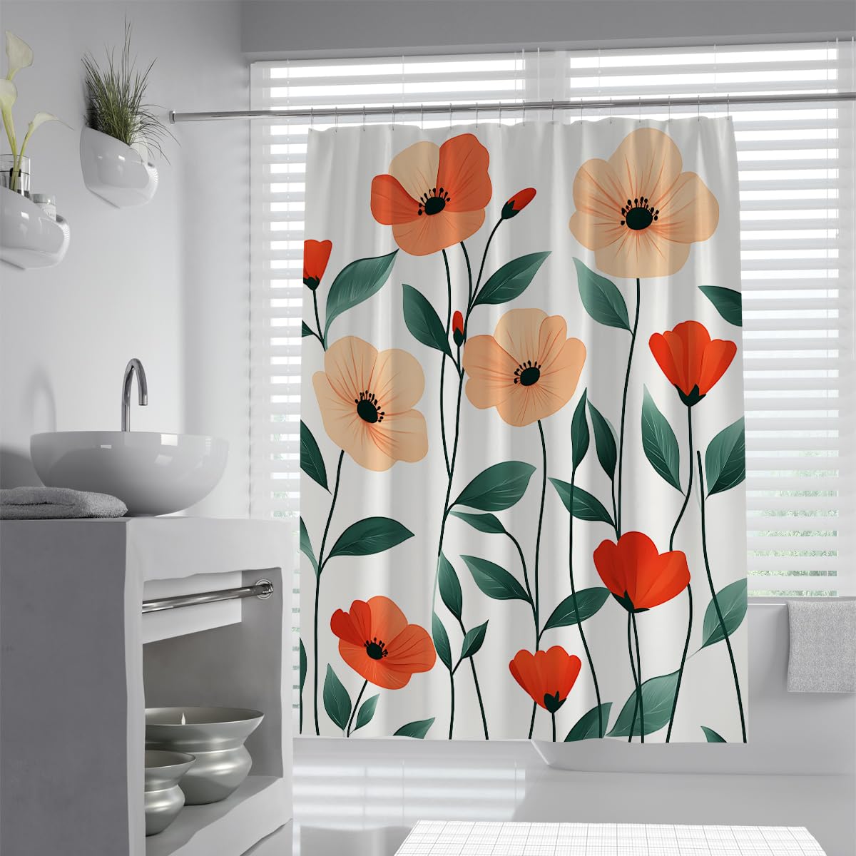UIRINGART Peach Orange Shower Curtain W200xL220cm Modern Poppy Floral Print Waterproof Polyester Mildew Resistant Quick Dry Bathroom Screen with Hooks