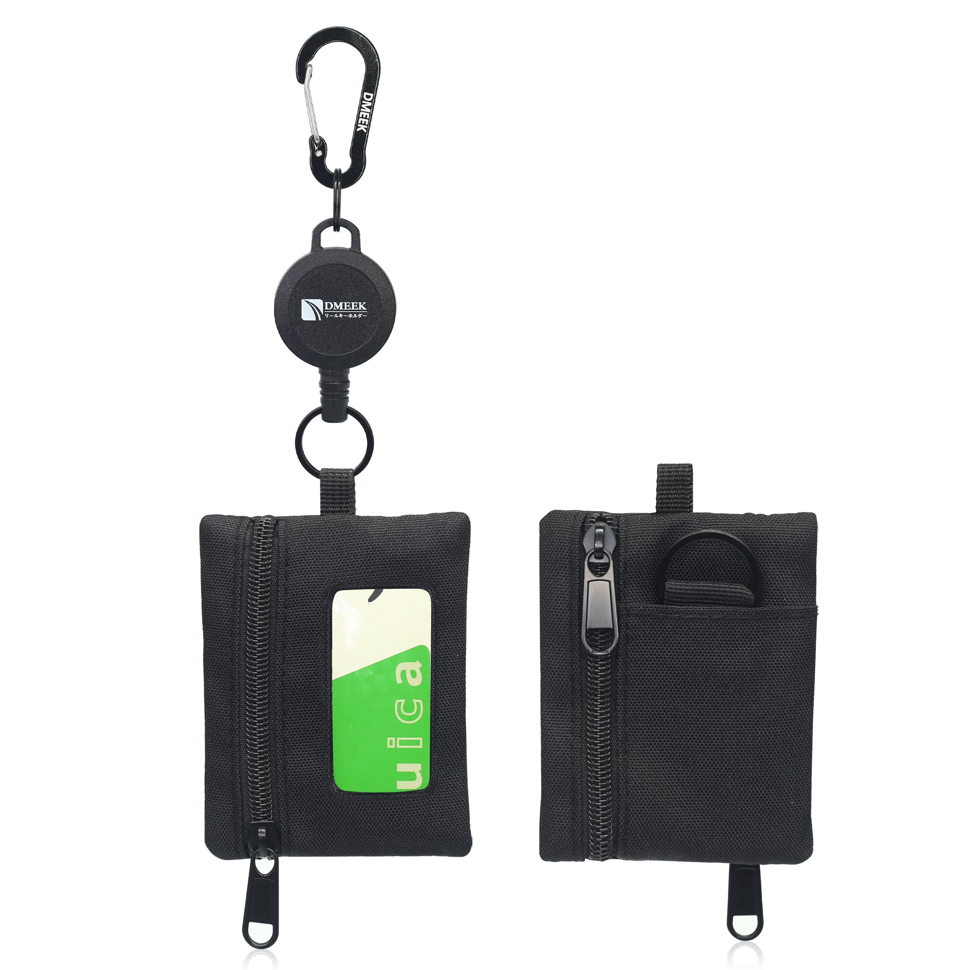 DMEEK 小銭入れ パスケース 財布付き カードケース 定期入れ 伸縮式キーホルダー付き アウトドア カラビナ ランドセル キーケース メンズ レディース 子供 中学生 コンパクト 小銭ケース コインケース カード入れ (ブラック-ポリエステル)