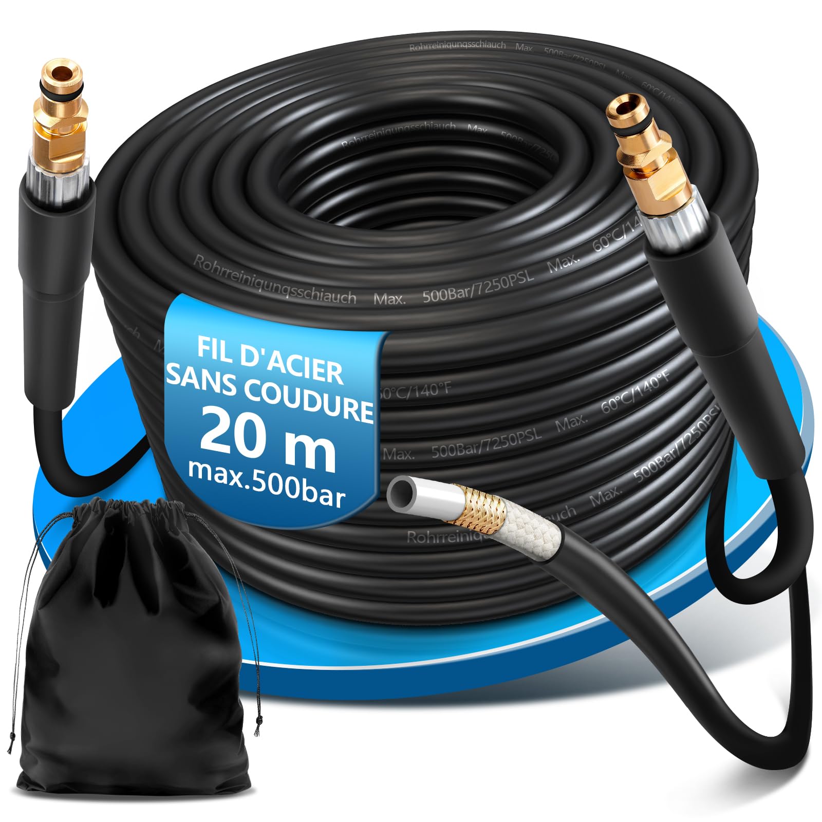 XIIW Tuyau Déboucheur Canalisation 20m 500bar Compatible avec Kärcher K2-K7