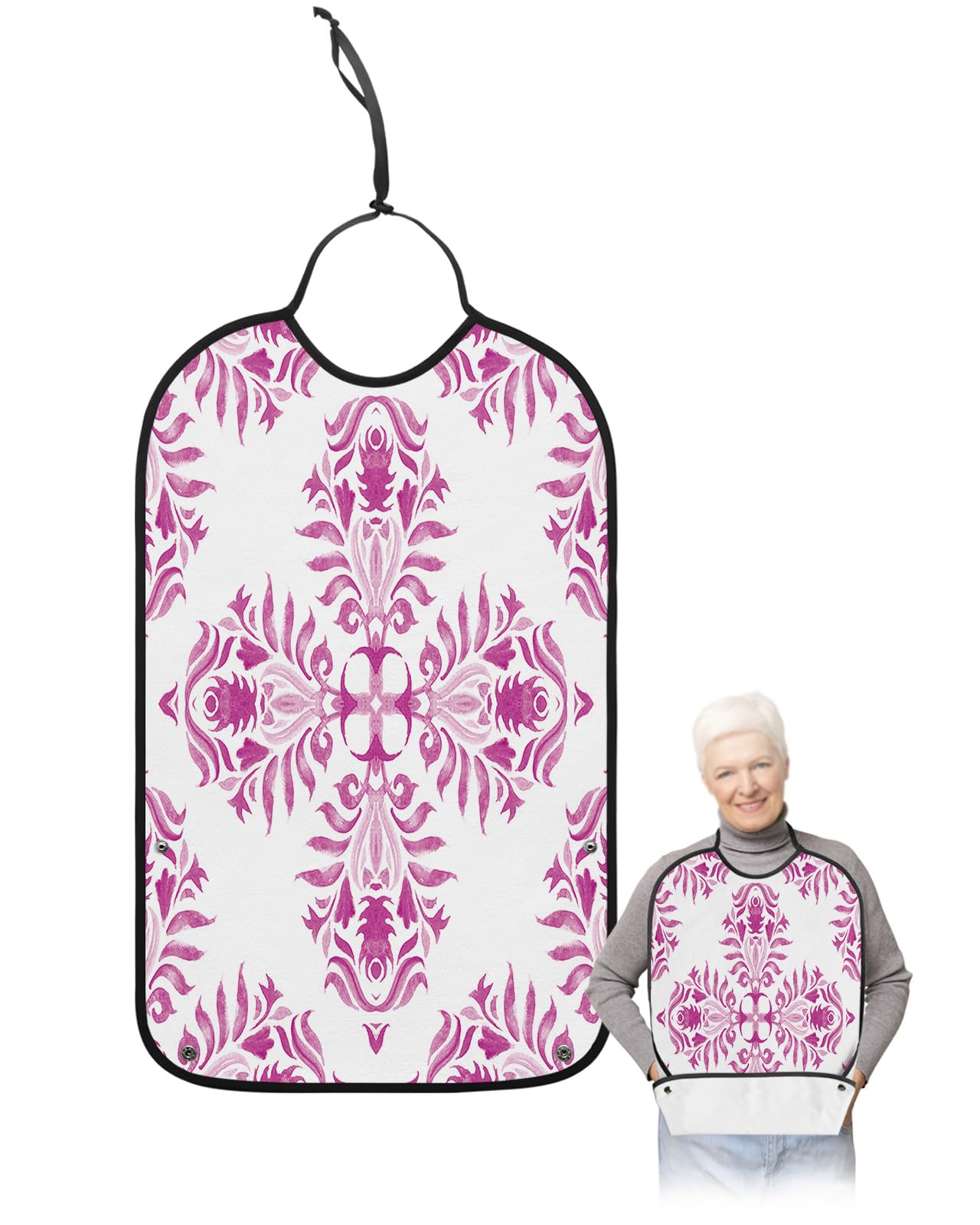 Pink Mandala Flower Adult Bibs for Eating, Waterproof Bibs with Food Catcher & Adjustable Snap Closure, Boho Ethnic Geometric Abstract Art Washable Clothing Protectors Adult Bibs for Elderly Women/Men