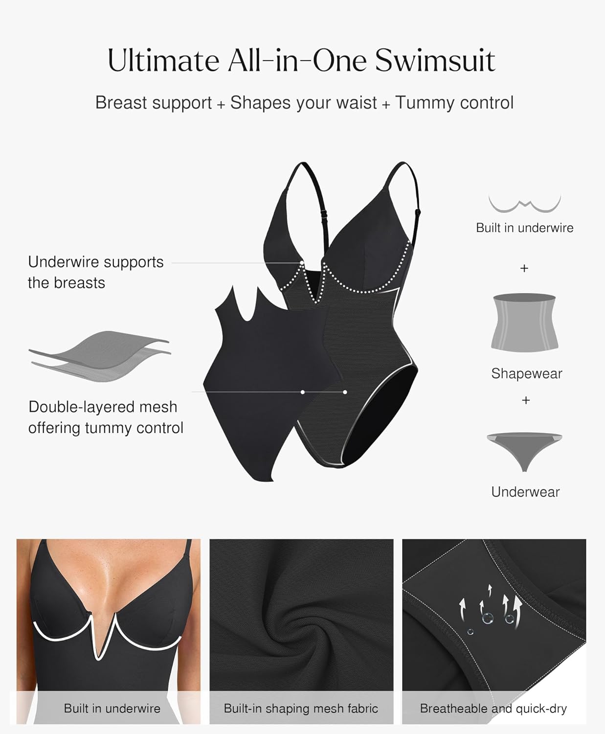Popilush Tummy Control Swimsuits for Women Shapewear One Piece Deep V Neck Underwire Swimsuit Summer Beach Pool Vacation - Image 3