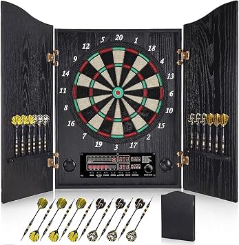 Electronic Dart Board, Decorative Dart Board Cabinet Set for Adults [12*Bronze Soft Tip Darts] [Cricket Game Mode]- Wooden Electric Dartboard Cabinet for Family Game Rooms - Gorilla