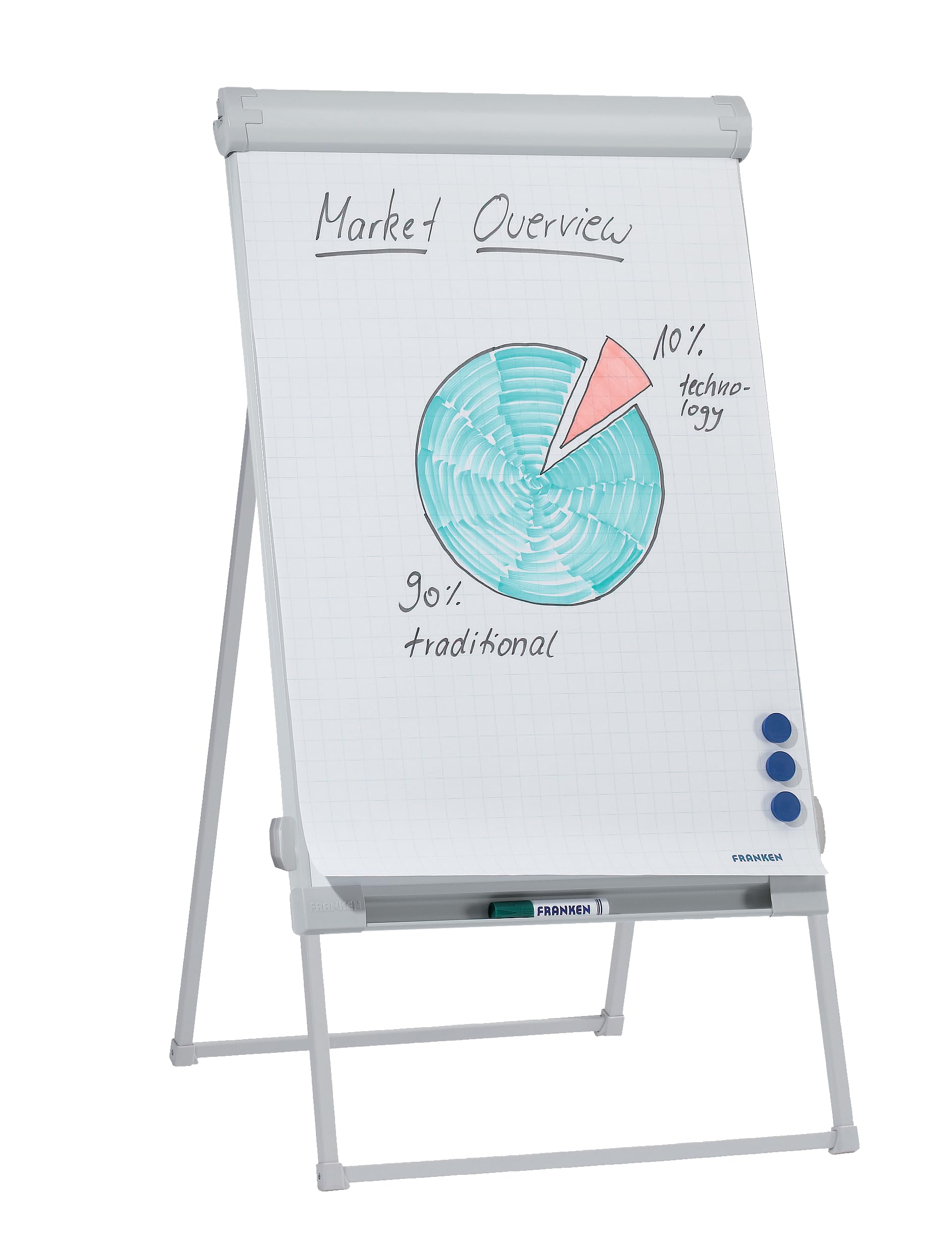 FRANKEN Flipchart, Beschreibbar, Magnetisch, Mit Seitenarmen, Dreibeinstativ, 67 x 95 cm, Höhenverstellbar, inkl. Papierhalterung und Stifteablage, PRO Deluxe Standard, FC84