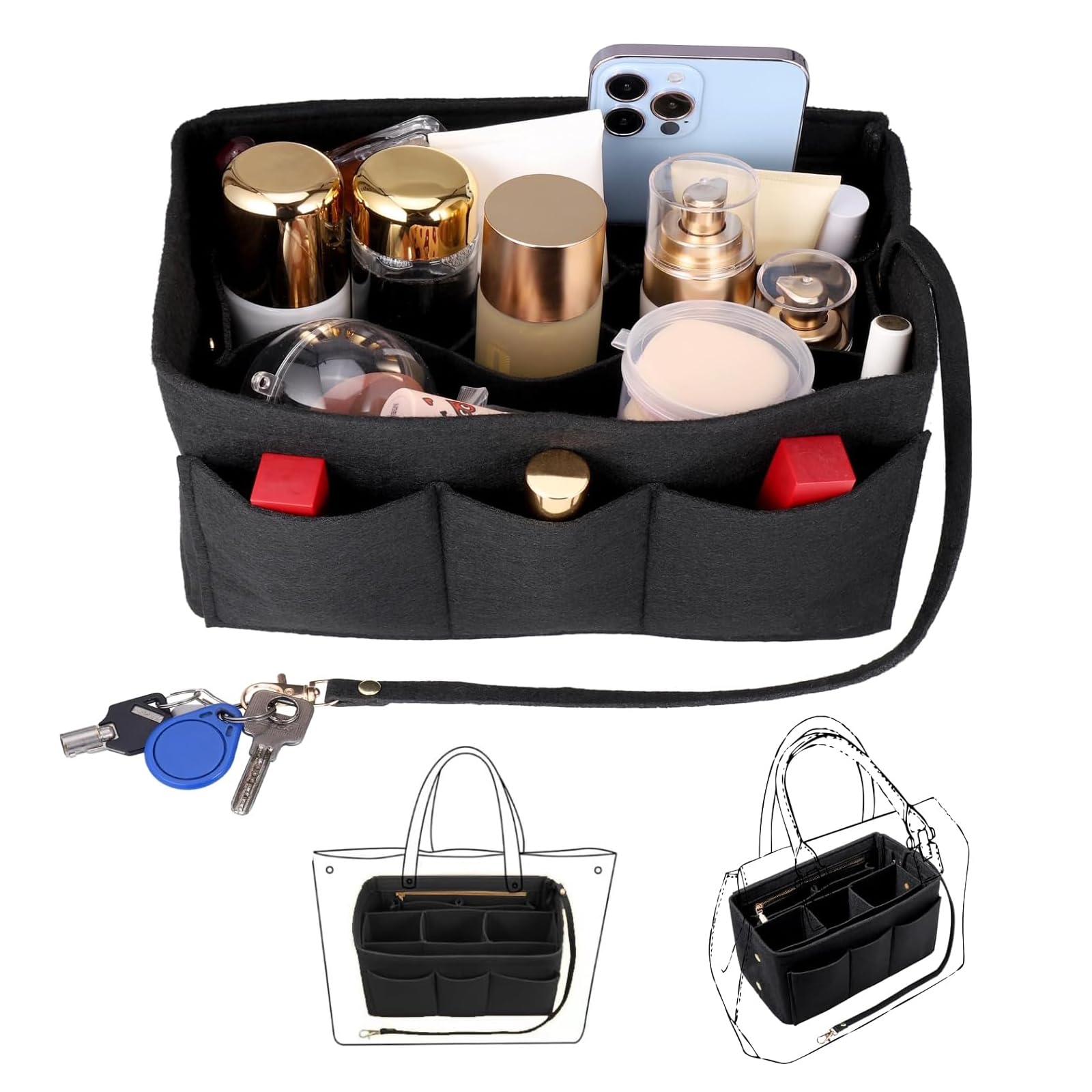 Organizer Per Borsa In Feltro - Tasca Rimovibile E Portachiavi - Multitasche Per Ordine - Foto 7