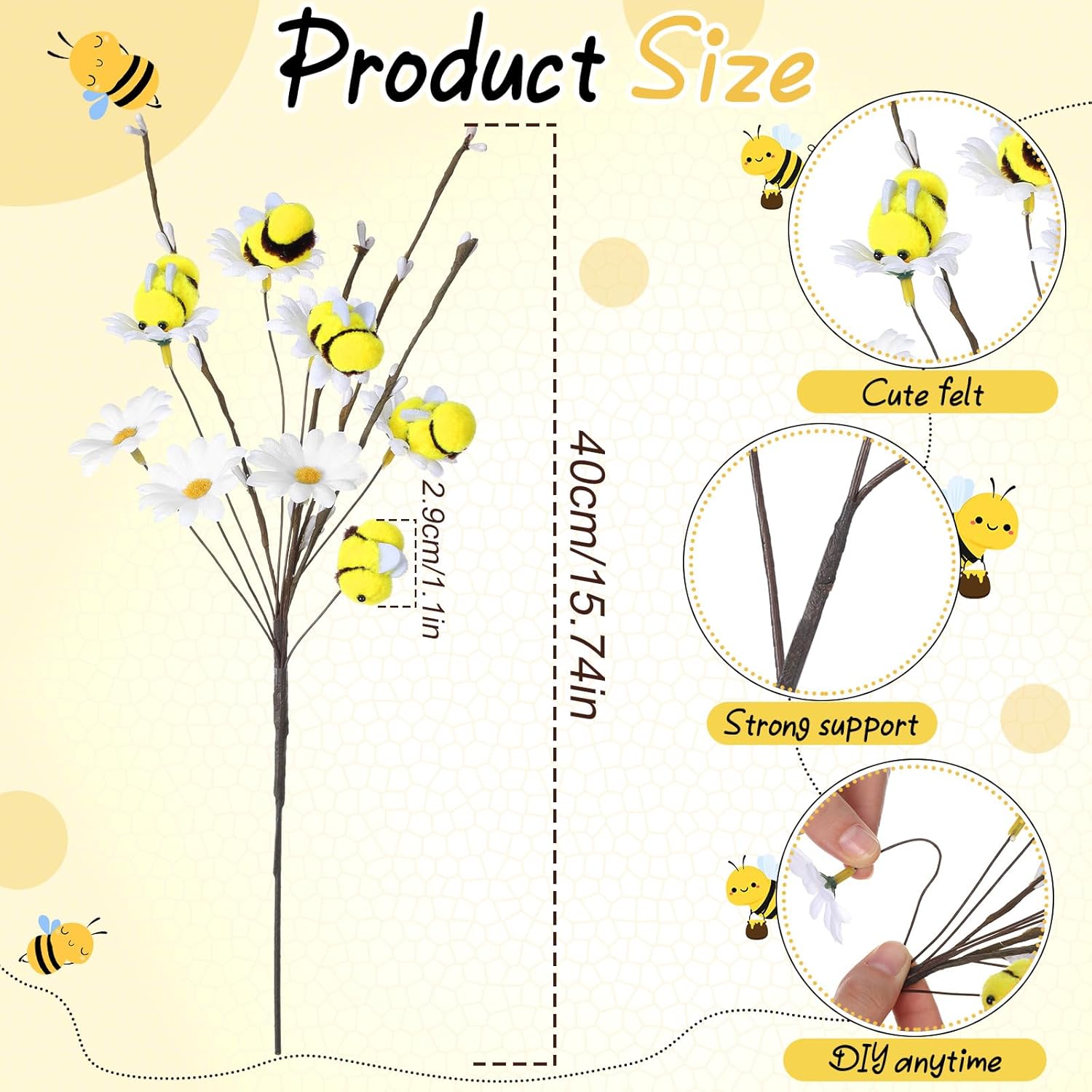Suncalla 6 Pcs Felt Bee Stems What Will Baby Bees Birthday Party Decoration Felt Honeybee Branch Pick for Tree Vase Filler Home Table Centerpiece Farmhouse Spring Baby Shower (Bee and White Flower)