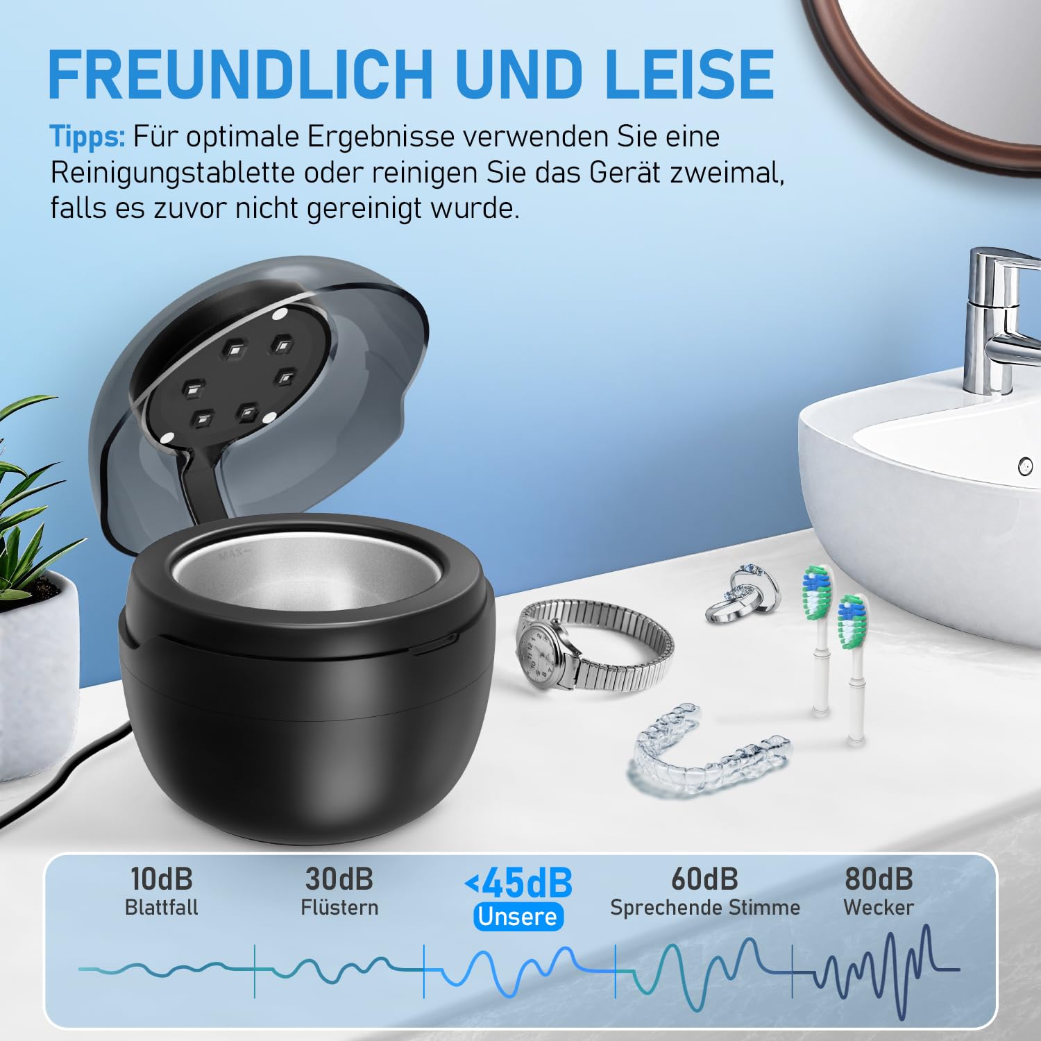 Ultraschallreinigungsgerät, 50kHz Dental Pod, 250ML Ultraschallreiniger, Ultrasonic Cleaner mit 6 UV Lampe für Zahnspangen, Zahnschiene, Retainer, Zahnersatz, Prothesen, Aligner, Schmuck