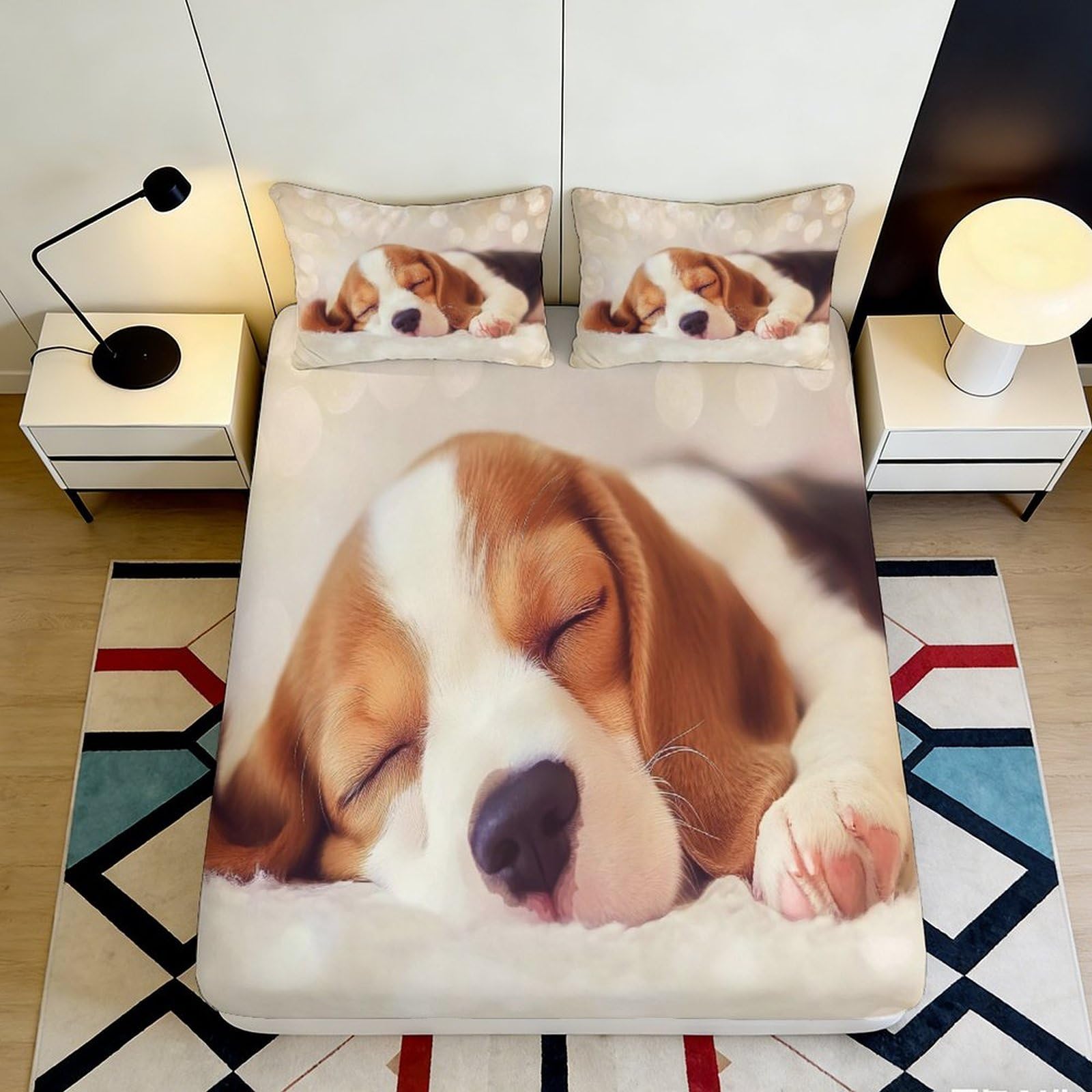 3D Printed Sleeping Puppy Fitted Sheet Microfiber Soft Durable Cute Dog Bed Sheet Mattress Cover for Bedroom Dormitory Guest Room Mattress Protection 120x200x25cm