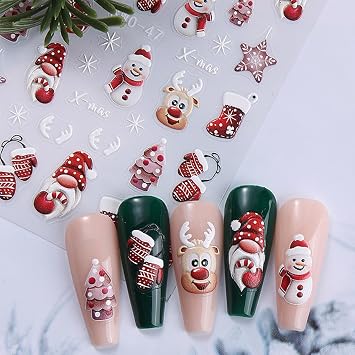 Christmas Nail Art Stickers 5D Embossed Decals 4PCS Santa Xmas Tree Elk Glove Snowflake Cookie Man 3D Self-Adhesive Stickers for Nails Manicure Decorations