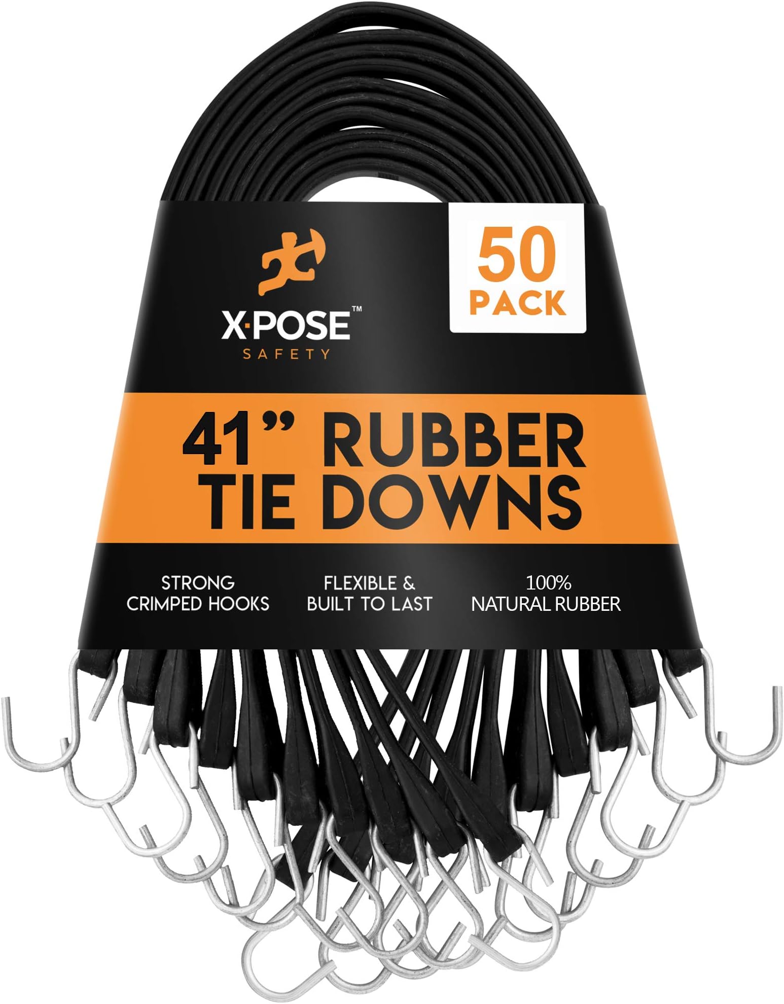 Xpose SafetyRubber Bungee Cords with Hooks 50 Pack 41 Inch (62” Max Stretch) Heavy-Duty Black Tie Down Straps for Outdoor, Tarp Covers, Canvas Canopies, Motorcycle, and Cargo - by Xpose Safety