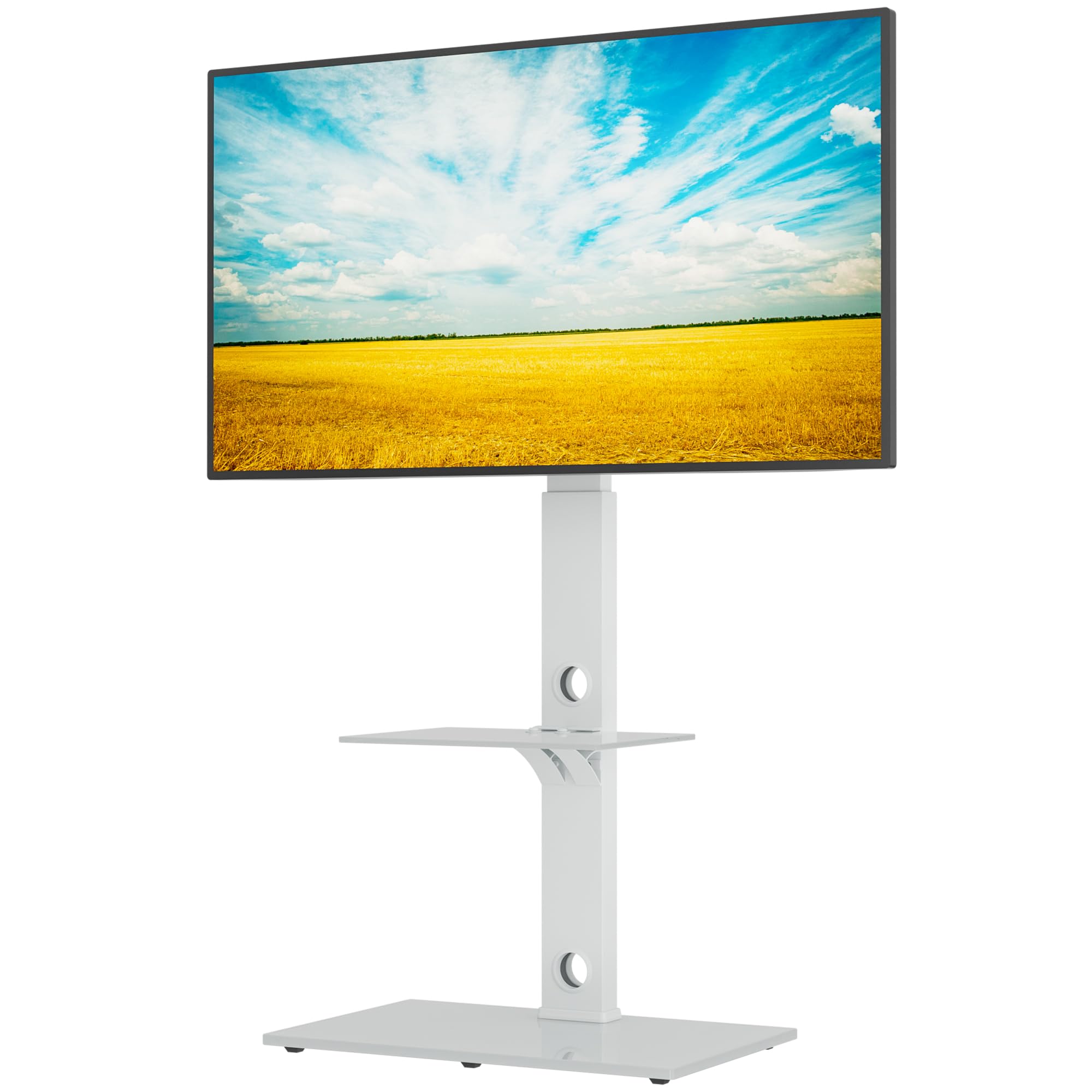 BONTEC Support TV Sol 30-70 Pouces – Meuble Pivotant Hauteur Réglable 2 Étagères Verre Trempé, Max 40 Kg, VESA 600x400, Blanc