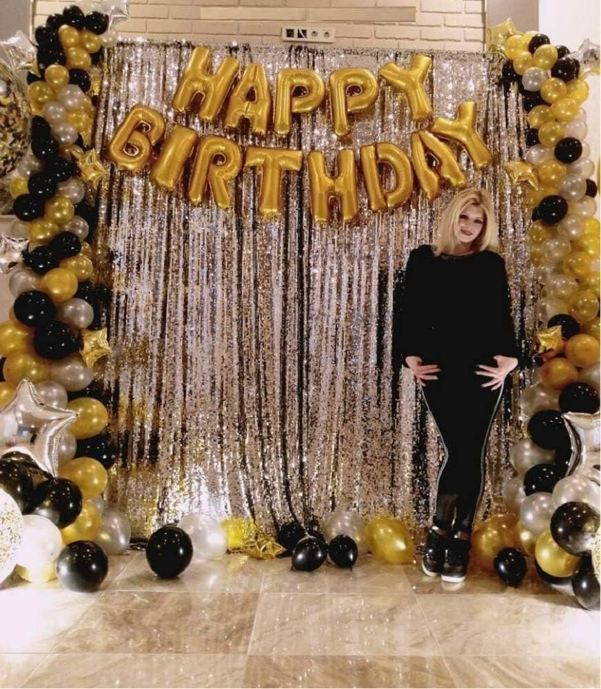 TRISHRA Happy Birthday Alphabets Letter Foil Balloon (Golden – 13 PCS )+ 2 Pcs Silver Fringe Curtain (3 X 6 Feet) + Pack of 50 pcs Metallic Balloons (Black, Gold and Silver)