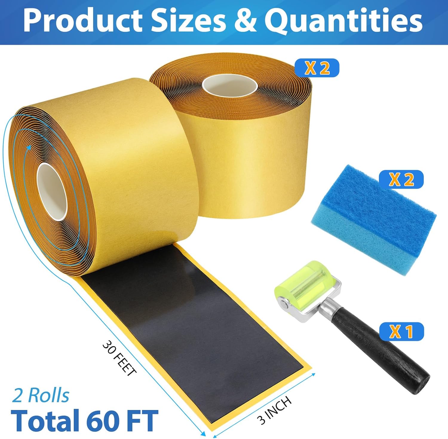 Pond Liner Seam Tape, Total 3" x 60' Double Sided Butyl Rubber Tape Kit, Waterproof Seam Tape & 2 Pcs Sponge & Roller, Self Adhesive Patch Repair Tape for EPDM Pond Liners Roof Deck RV (2Pcs)