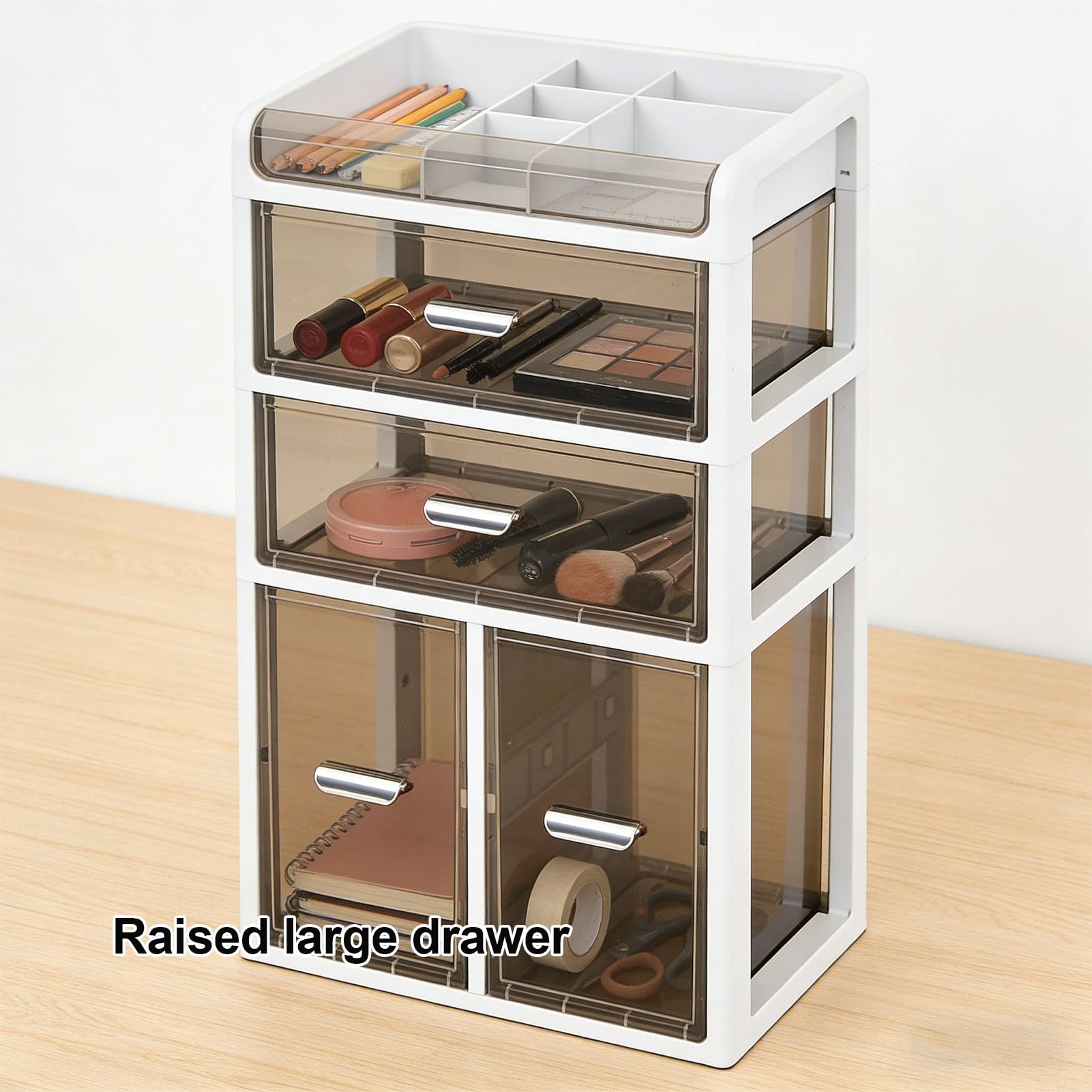 Aramox Organizer da Scrivania, Organizer da Scrivania in PP Trasparente con Cassetto e Portapenne, Scatola Portaoggetti Multifunzionale per Cancelleria 30 X 20 X 48,5 Cm per Forniture da per Ufficio