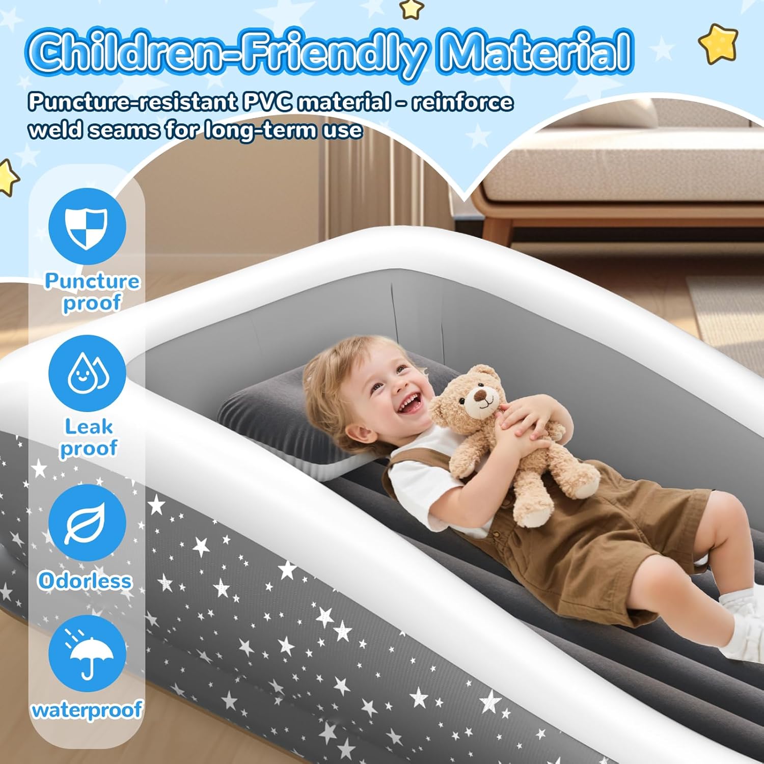 Inflatable Toddler Travel Bed - 67'' Large Size Safety Kids Air Mattress with 4 Sides - Portable Camping Bed for Outdoor Sleepovers, Easy to Inflate & Deflate with Storage Bag & Pump, Grey