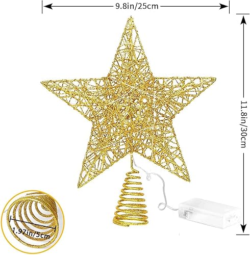 Miniatura 6 de Estrella de metal con purpurina dorada de 8 pulgadas para la punta del árbol de Navidad, iluminada con 20 luces LED para decoraciones navideñas,