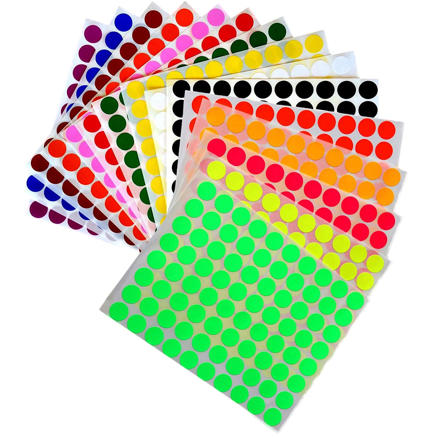 Royal Green Kids Colored Round dots 1/2 inch (0.5) Art Crafts and Games Stickers -1280 Pack 15 Colors 16 Sheets