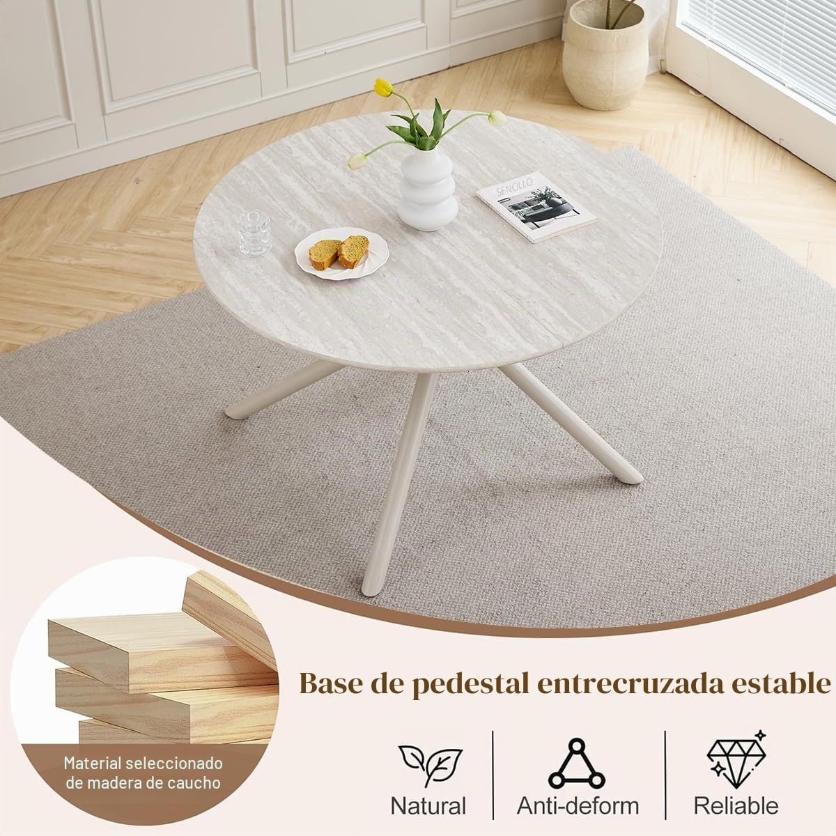 Conjunto de Comedor, Mesa Redonda de Madera de 115 x 115 x 73 cm, con 4 Sillas de Cocina Tapizadas con Respaldo de Lino y Patas de Metal (Mesa Gris Claro + Sillas Beige)